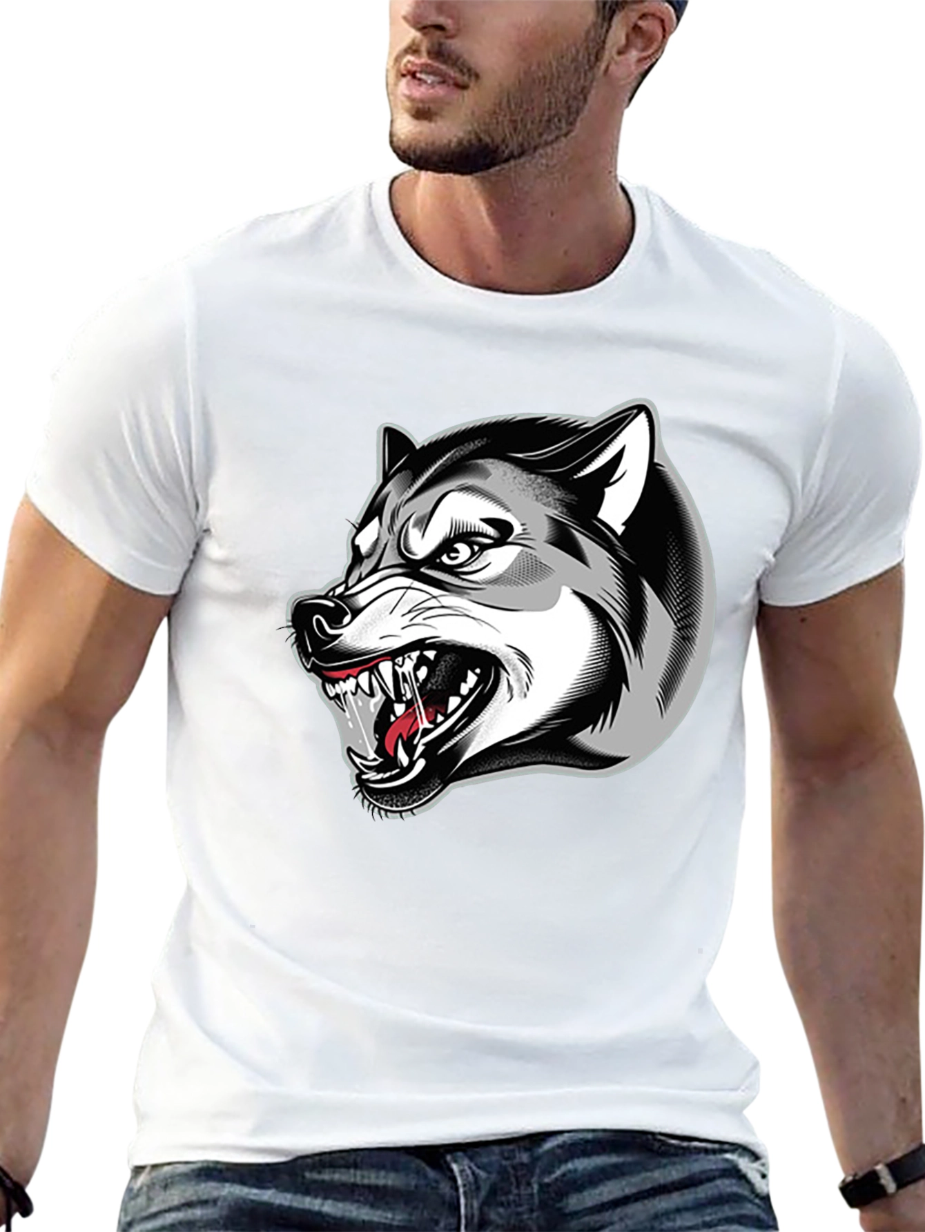 Black Men's Black Graphic T-Shirt - Fierce Wolf Design view 13