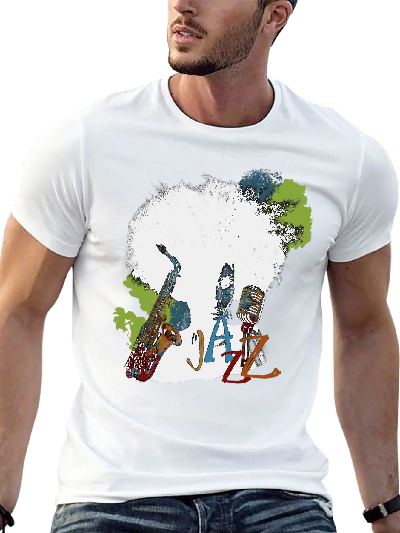 Black Jazz Music T-Shirt - Afro Saxophone Microphone view 13