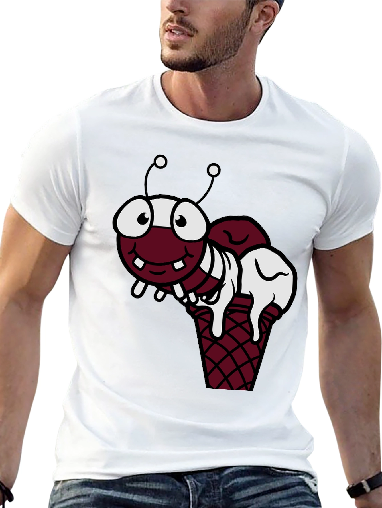 Black Funny Cartoon Ant Ice Cream Cone Black T-Shirt view 13