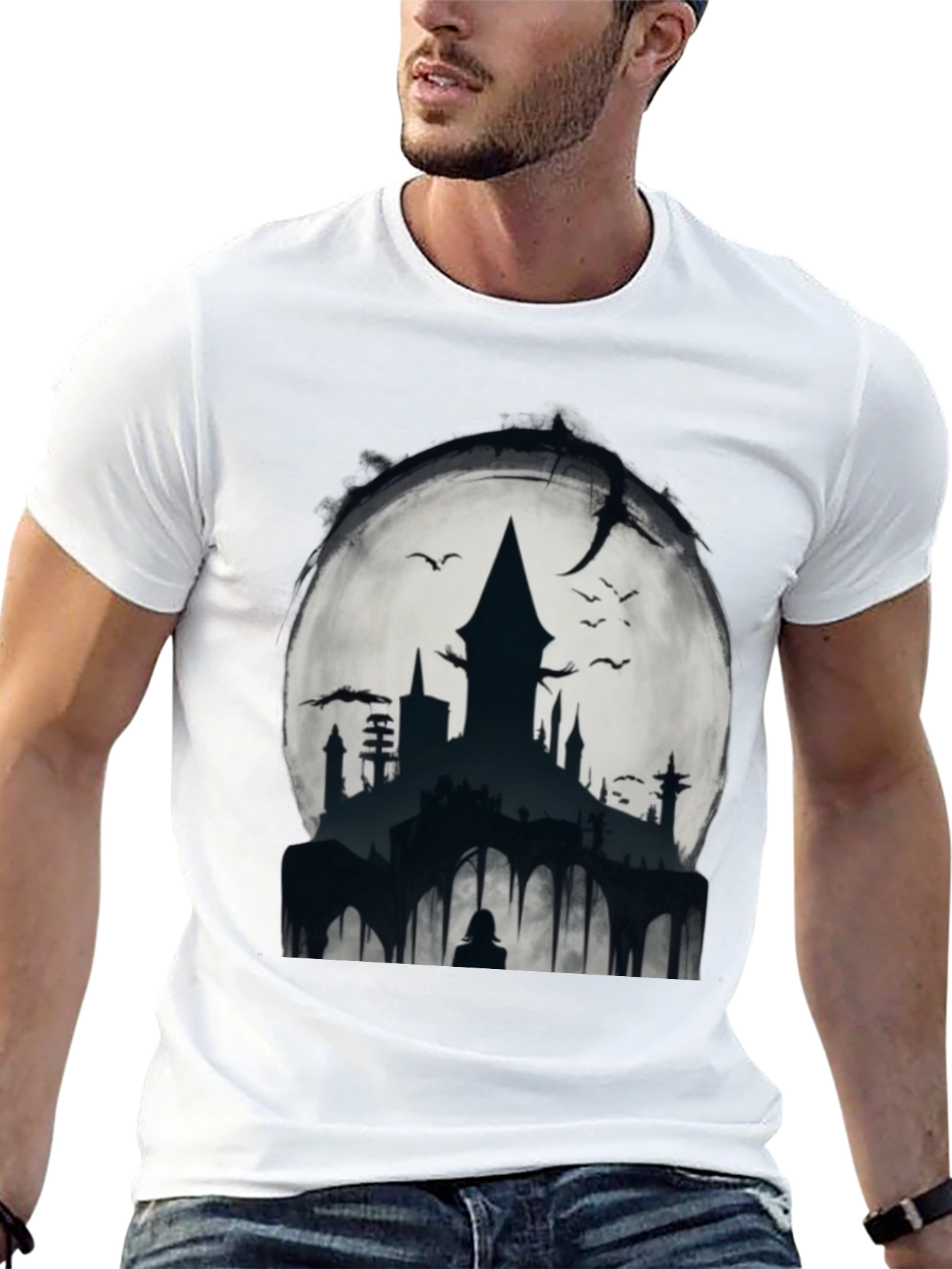 Black Moonlit Castle Graphic Tee - Gothic Style Shirt view 13