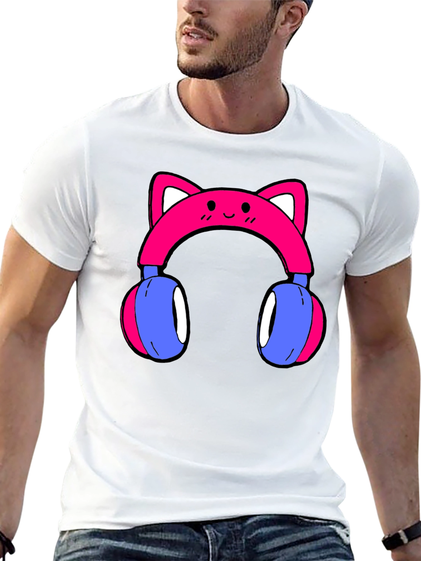 Black Cute Cat Ear Headphones Graphic Tee - Black view 13