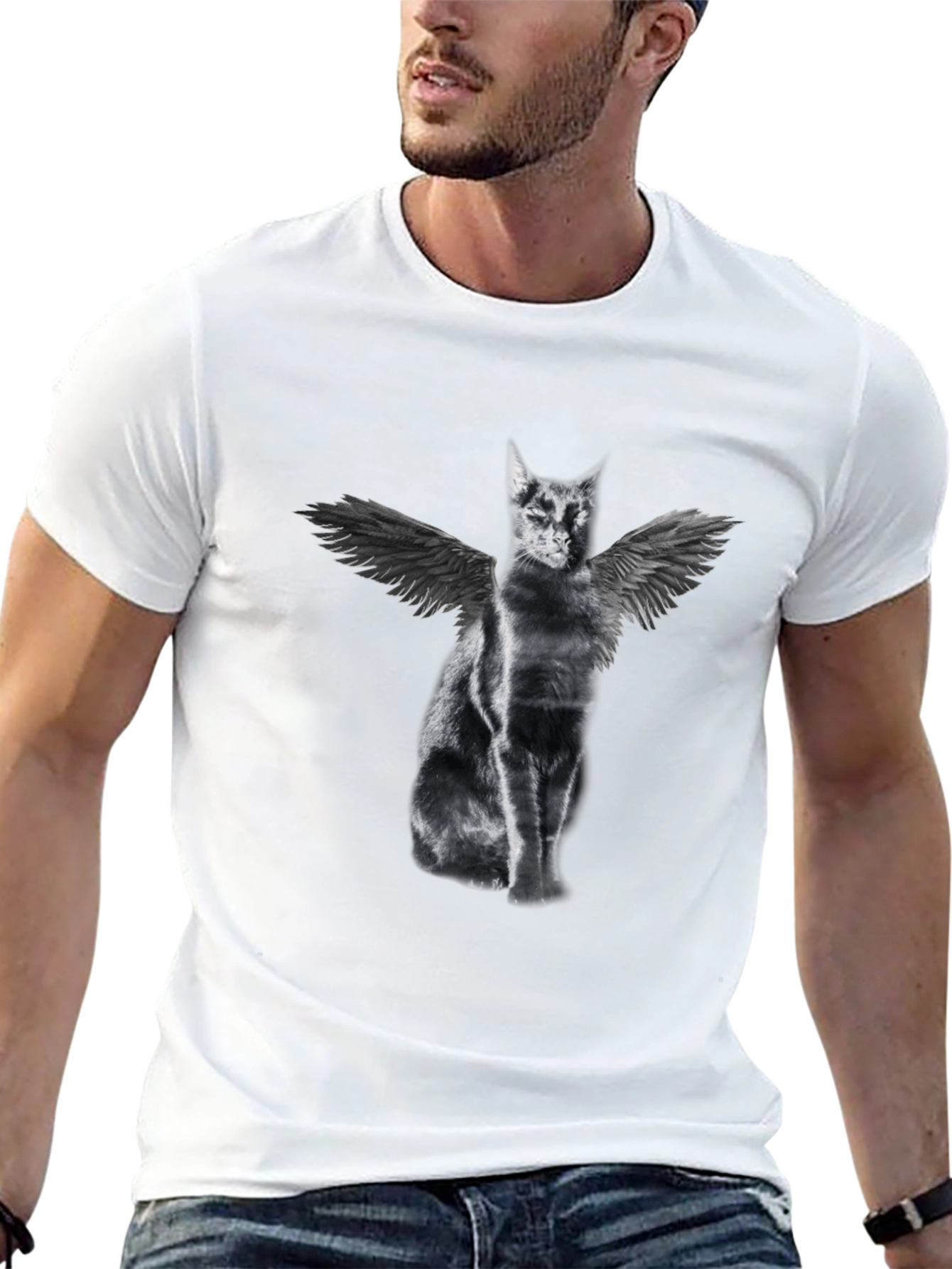 Black Winged Cat Graphic Tee - Black Cotton T-Shirt view 13