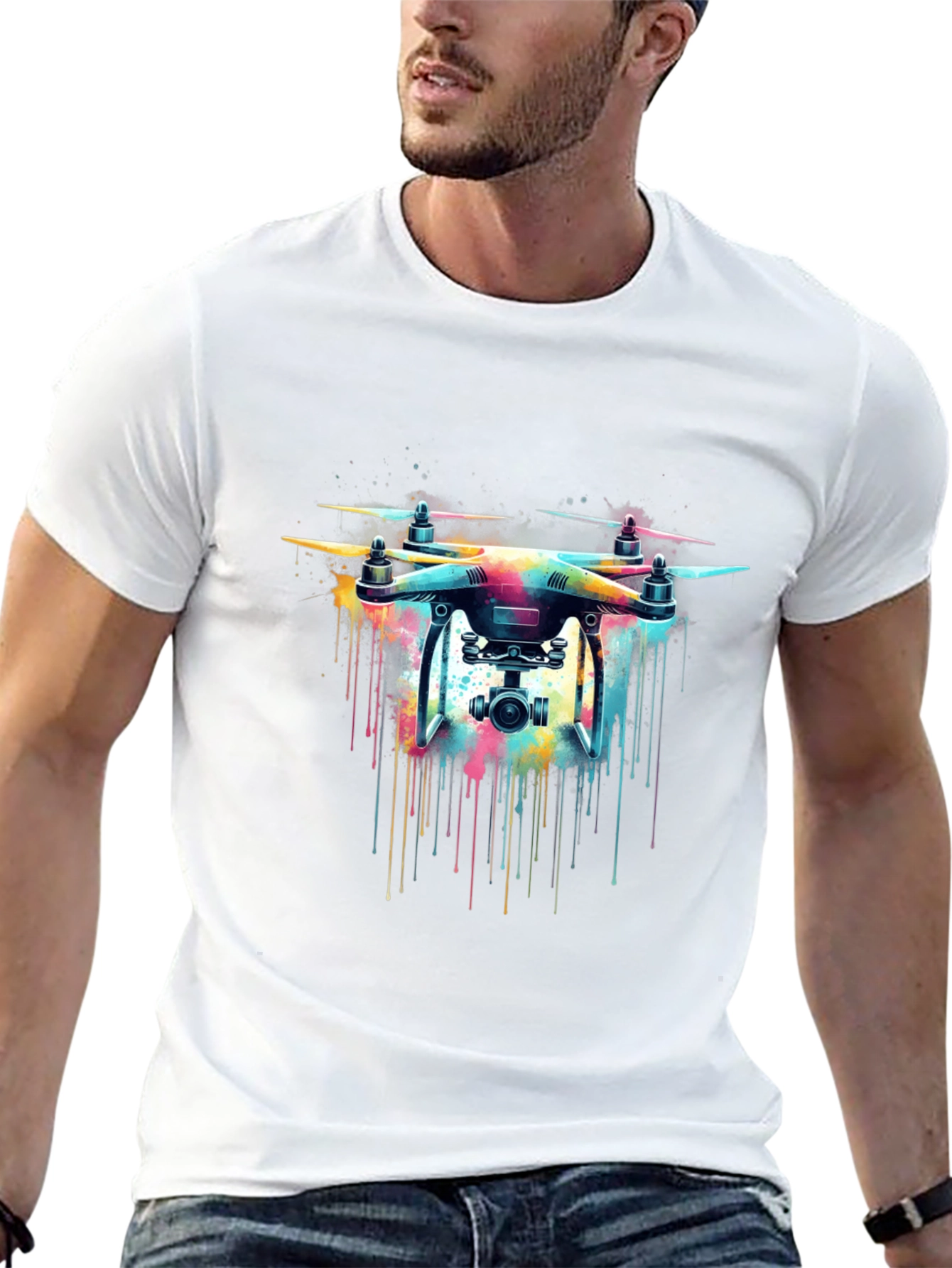 Black Drone Art T-Shirt - Colorful Drone Design Tee view 13