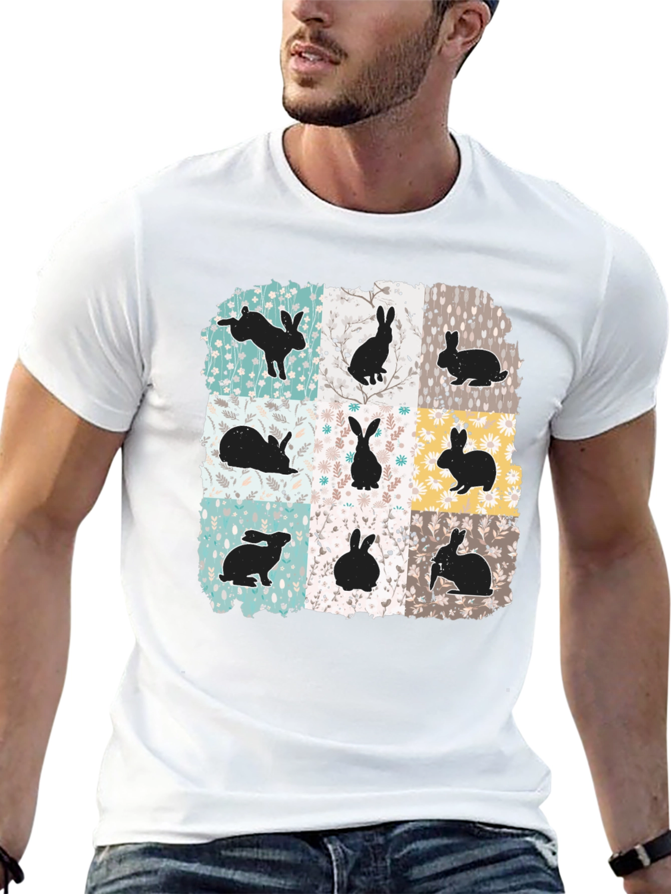 Black Rabbit Print Men's Black T-Shirt view 13