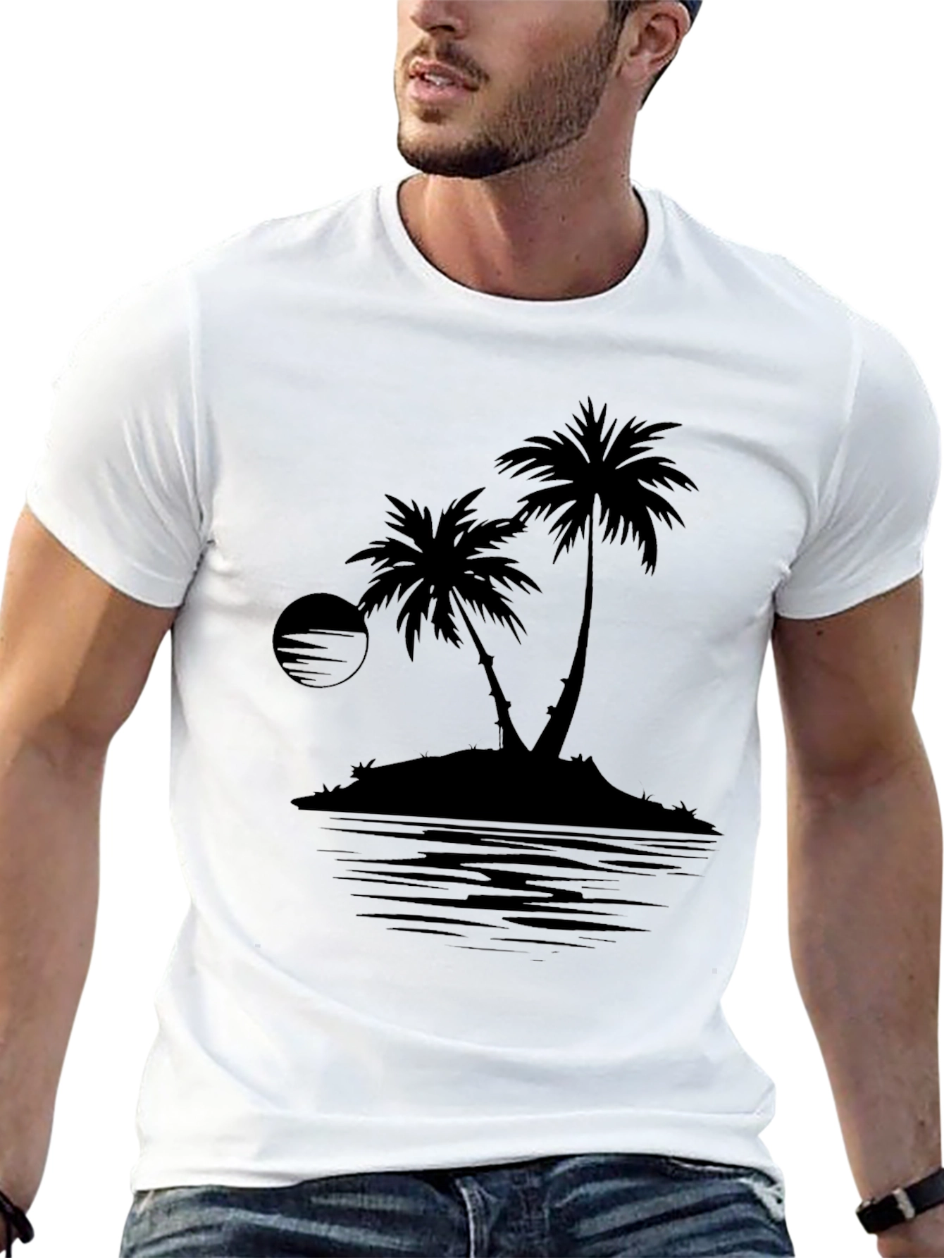 Black Men's Black Palm Tree Island Graphic T-Shirt view 13
