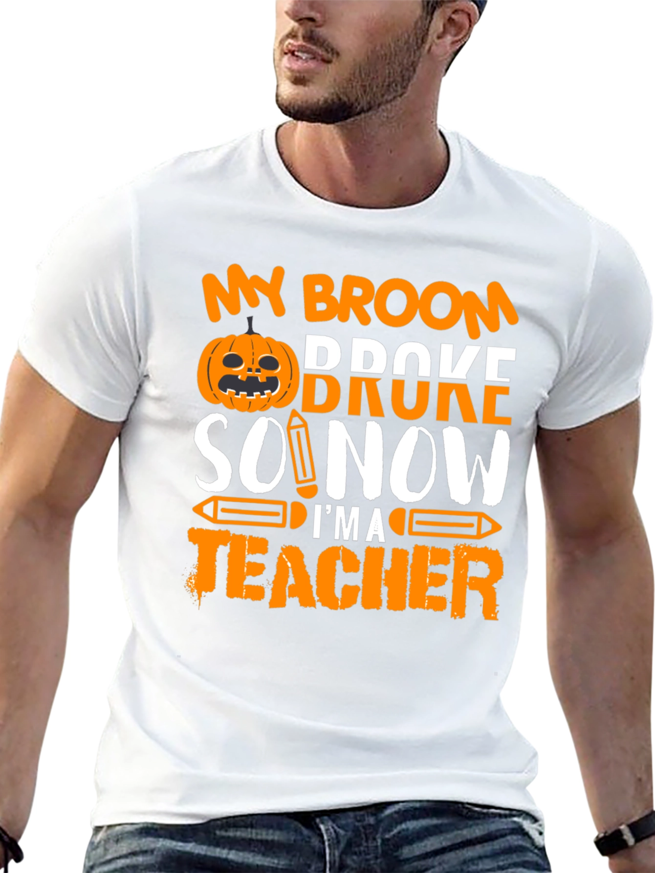 Black Funny Halloween Teacher T-Shirt - My Broom Broke view 13