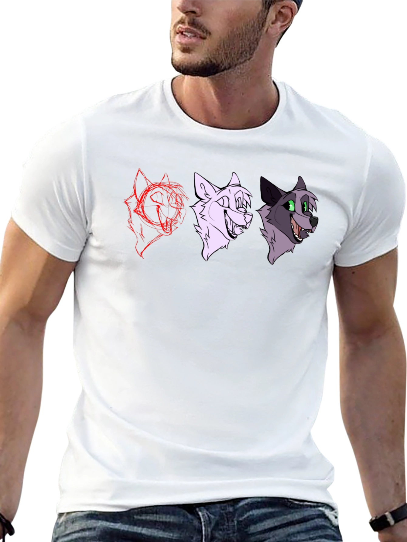 Black Cartoon Wolf Faces Black T-Shirt view 13