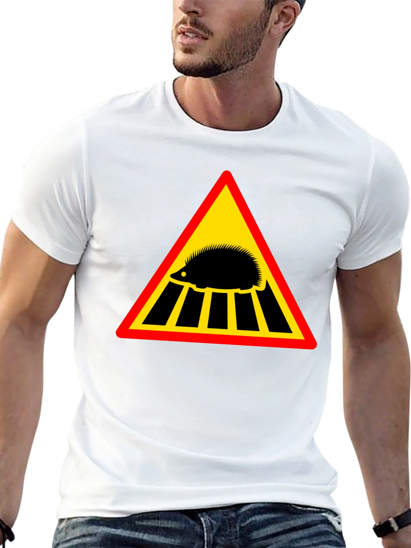 Black Hedgehog Crossing Men's Black T-Shirt view 13