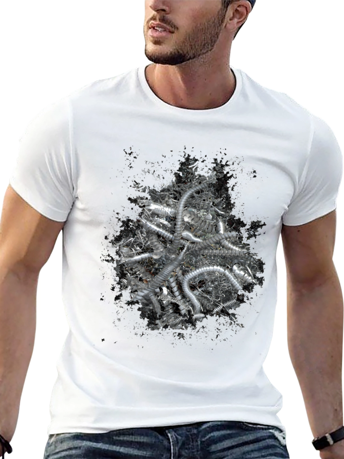 Black Abstract Silver Tube Design Black T-Shirt view 13
