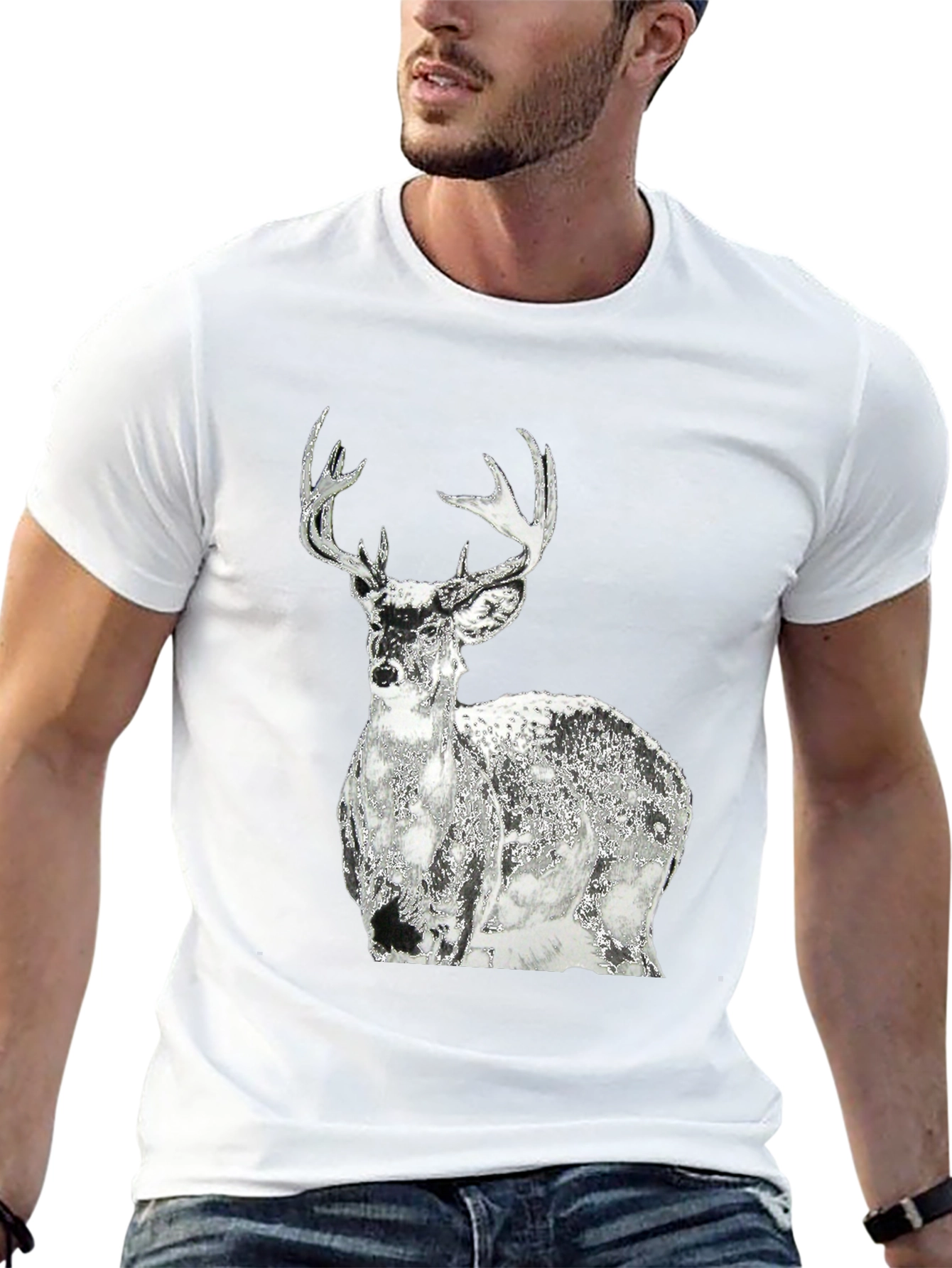 Black Men's Black T-Shirt with Graphic Deer Design view 13