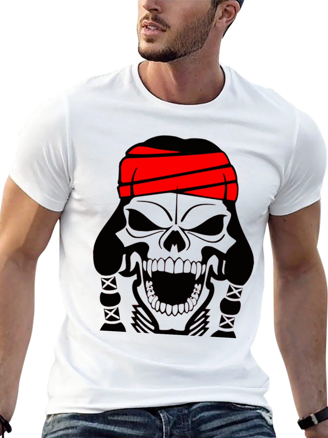 Black Skull T-Shirt - Black Graphic Tee with Red Headband view 13