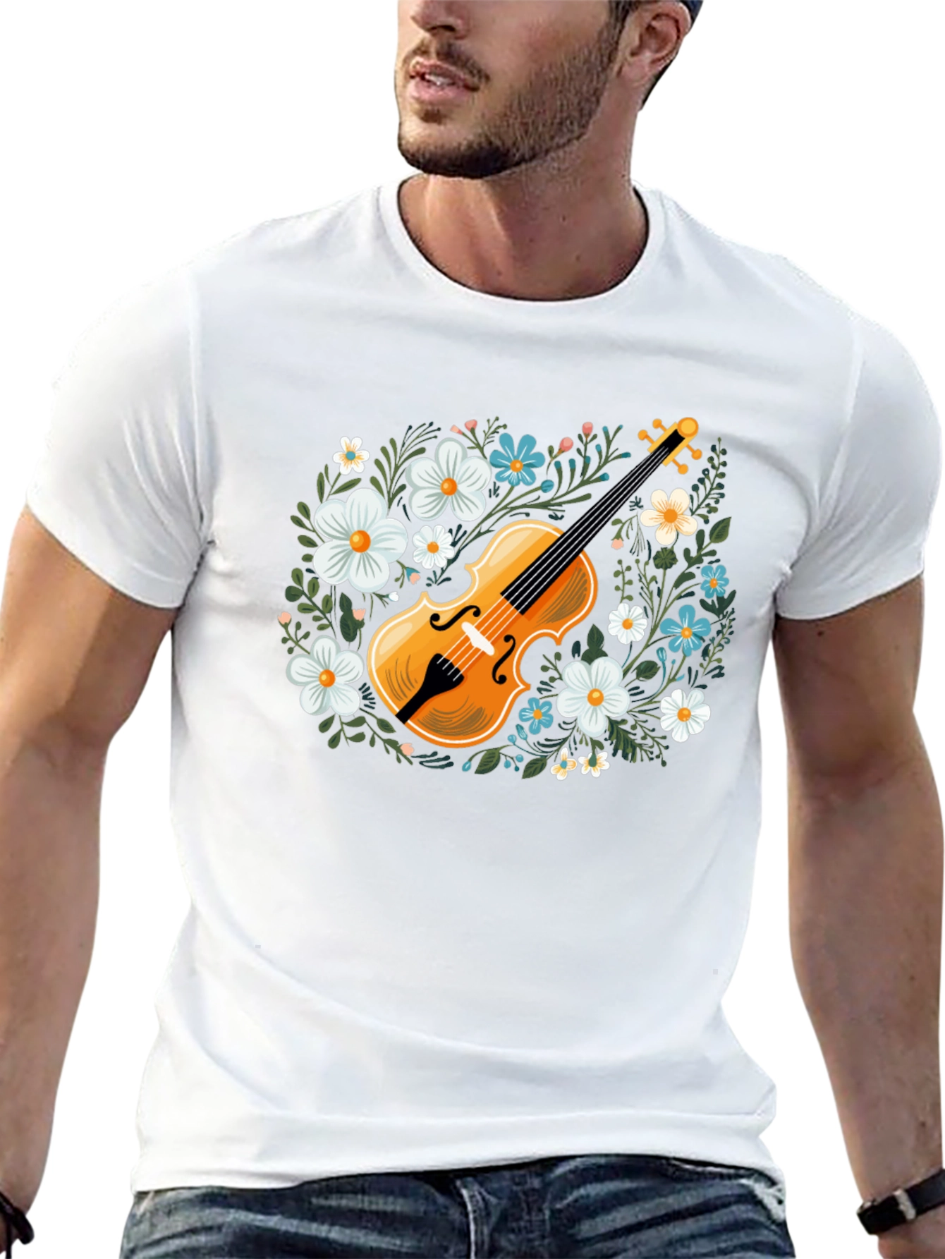 Black Floral Violin Graphic T-Shirt - Musical Style view 13