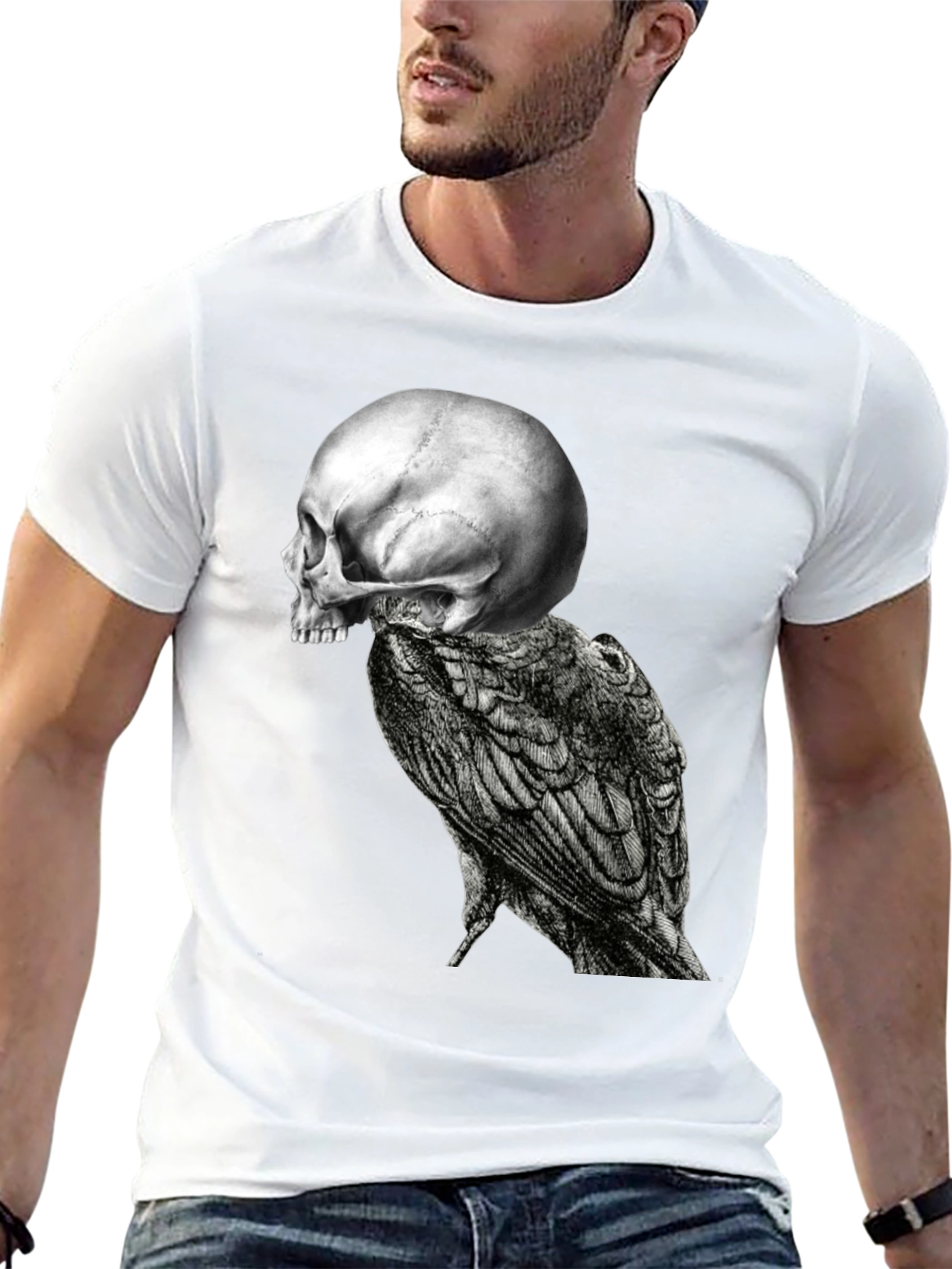 Black Skull & Raven Graphic Tee - Black Cotton Blend view 13