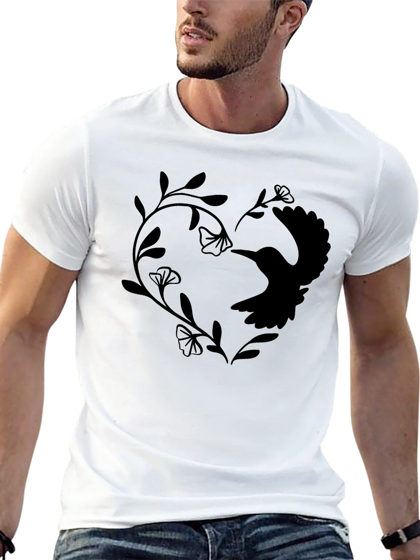 Black Hummingbird Heart Graphic Tee - Black Casual Shirt view 13