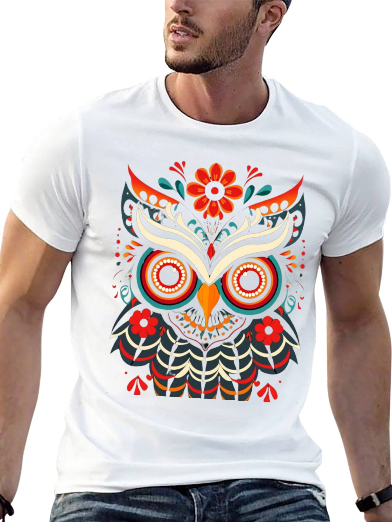 Black Colorful Owl Graphic Print Men's Black T-Shirt view 13
