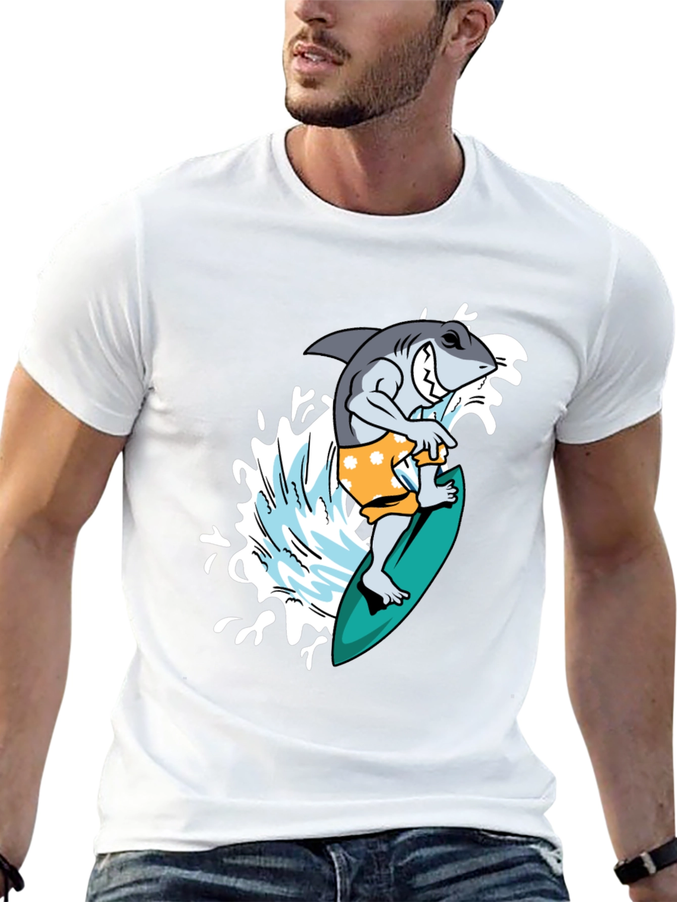 Black Surfing Shark Graphic Tee - Black Cotton T-Shirt view 13