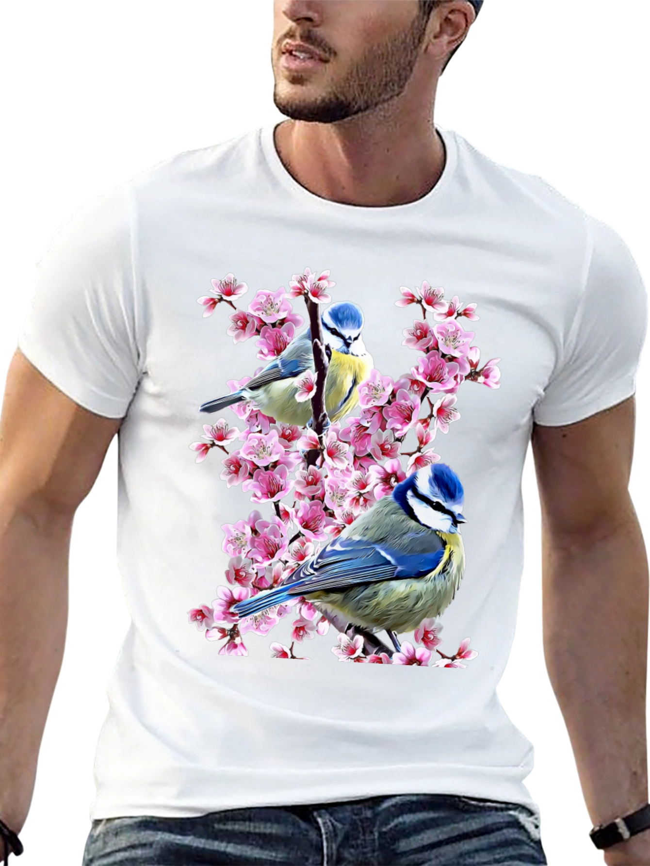 Black Blue Tit Bird & Cherry Blossom Graphic Tee view 13