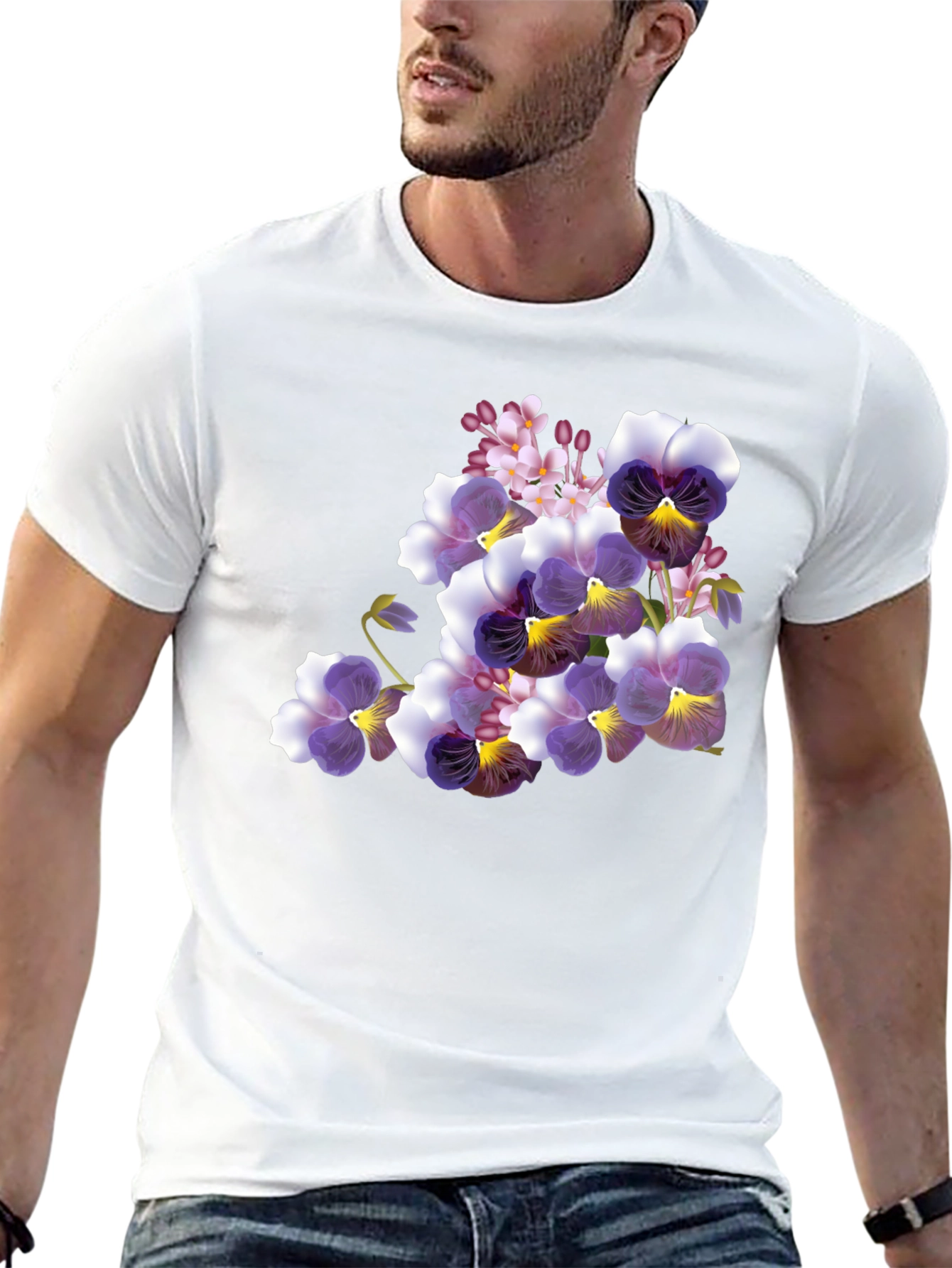 Black Floral Pansy Print Black T-Shirt view 13