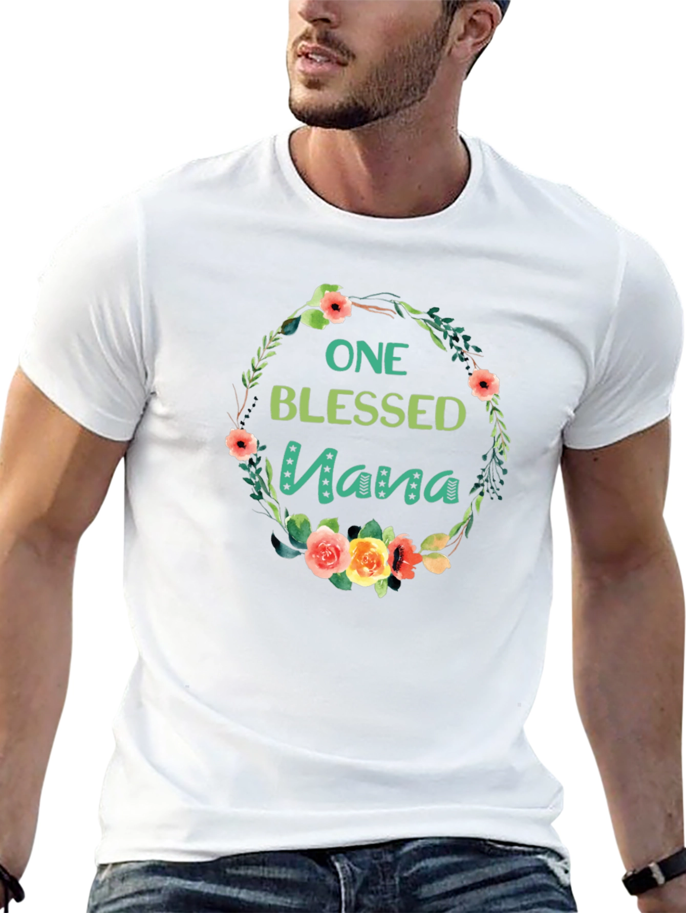 Black One Blessed Nana Floral Wreath Black T-Shirt view 13