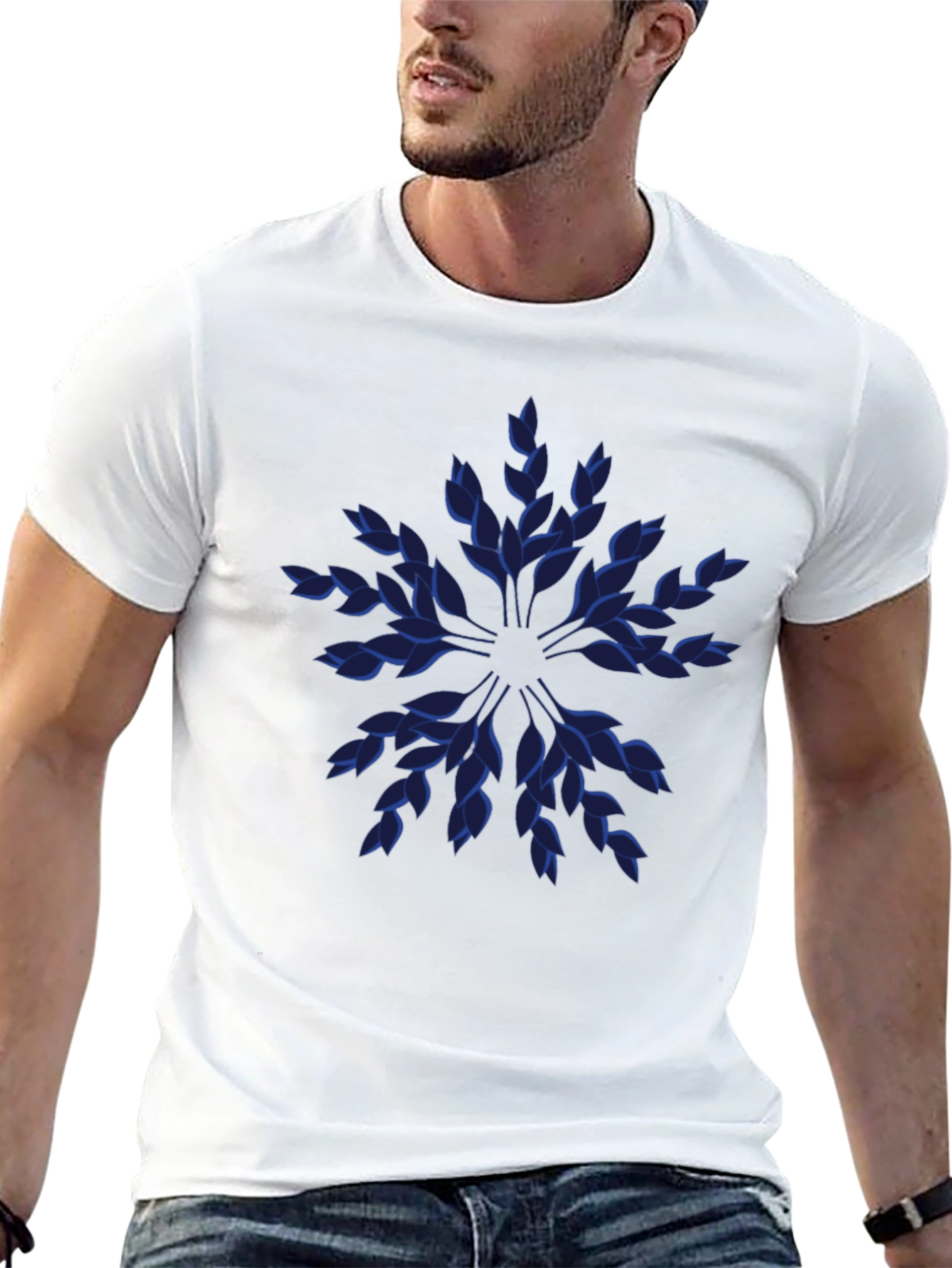 Black Blue Leaf Pattern Black T-Shirt view 13