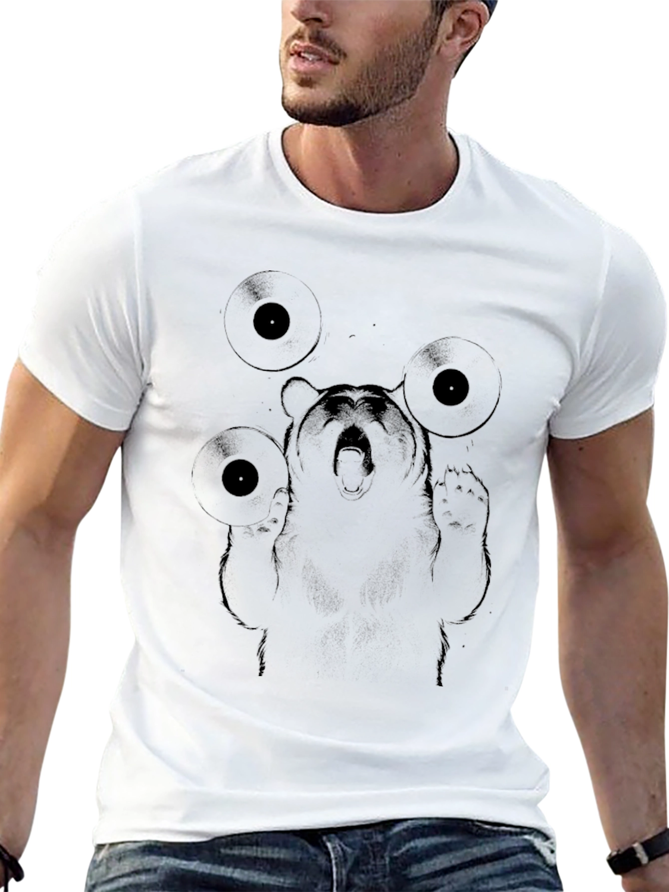 DJ Bear Graphic Tee - Black Cotton Blend T-Shirt - 13