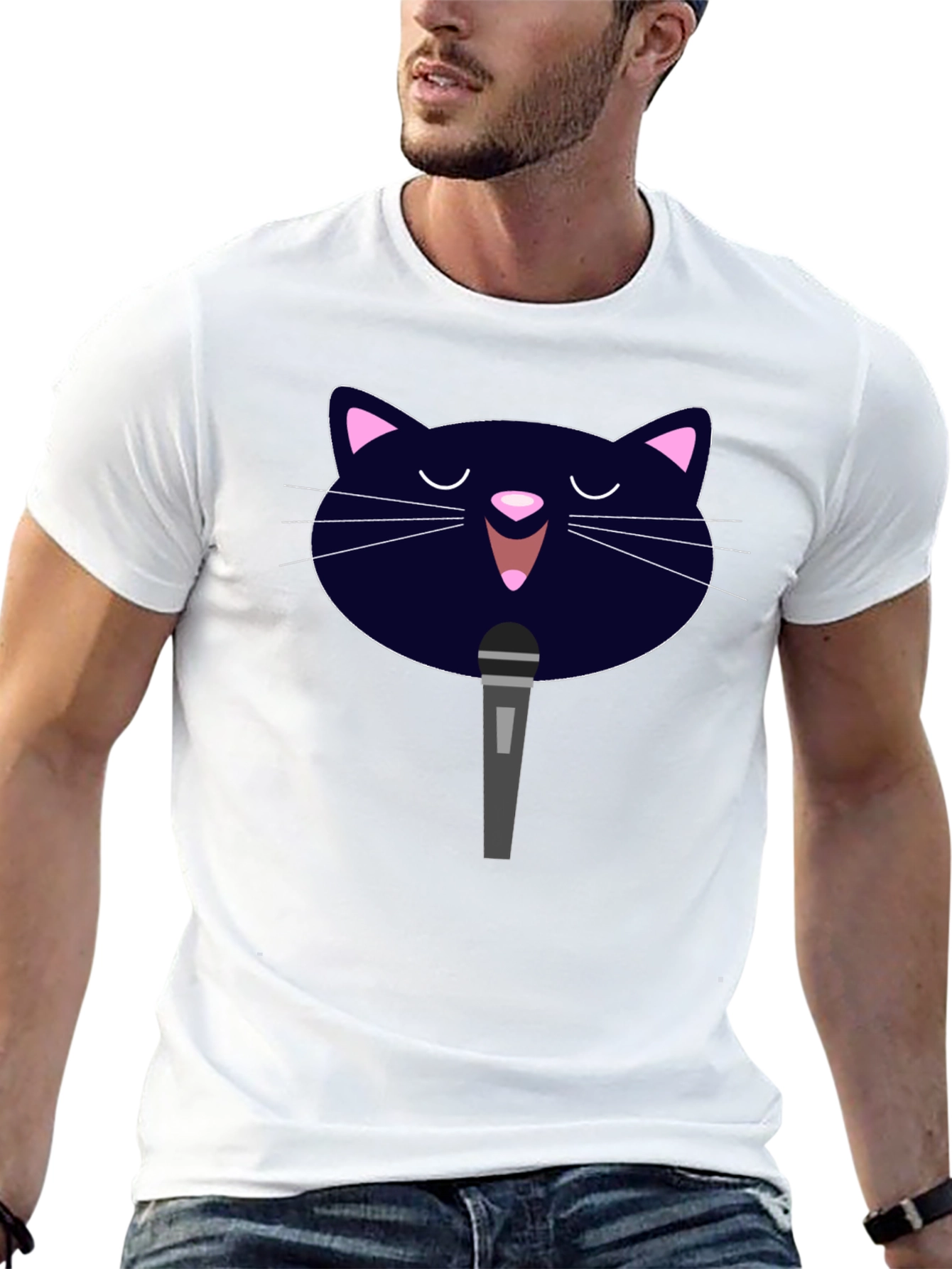 Black Karaoke Cat Graphic Tee - Black Cotton T-Shirt view 13