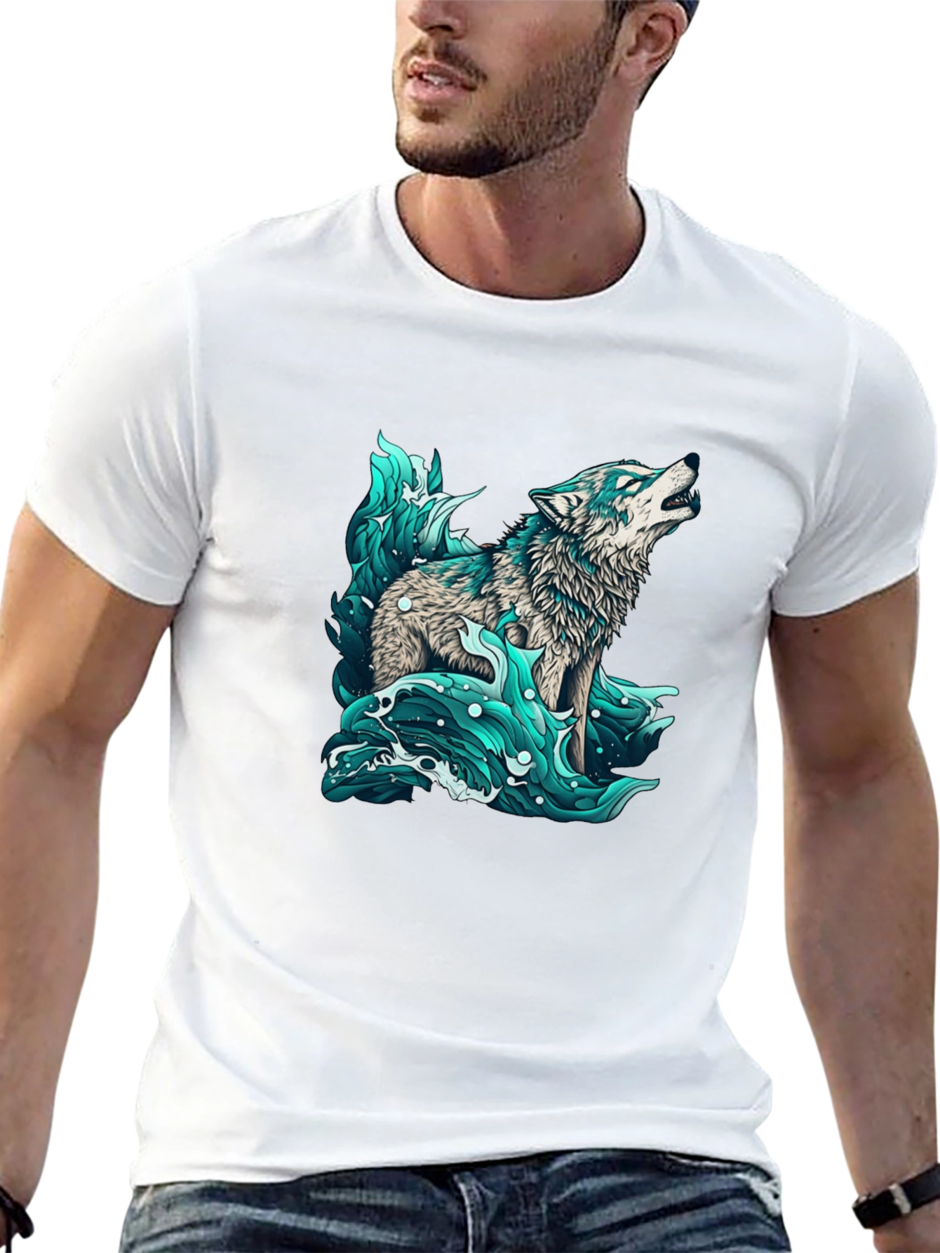 Black Wolf in Water Graphic Black T-Shirt view 13