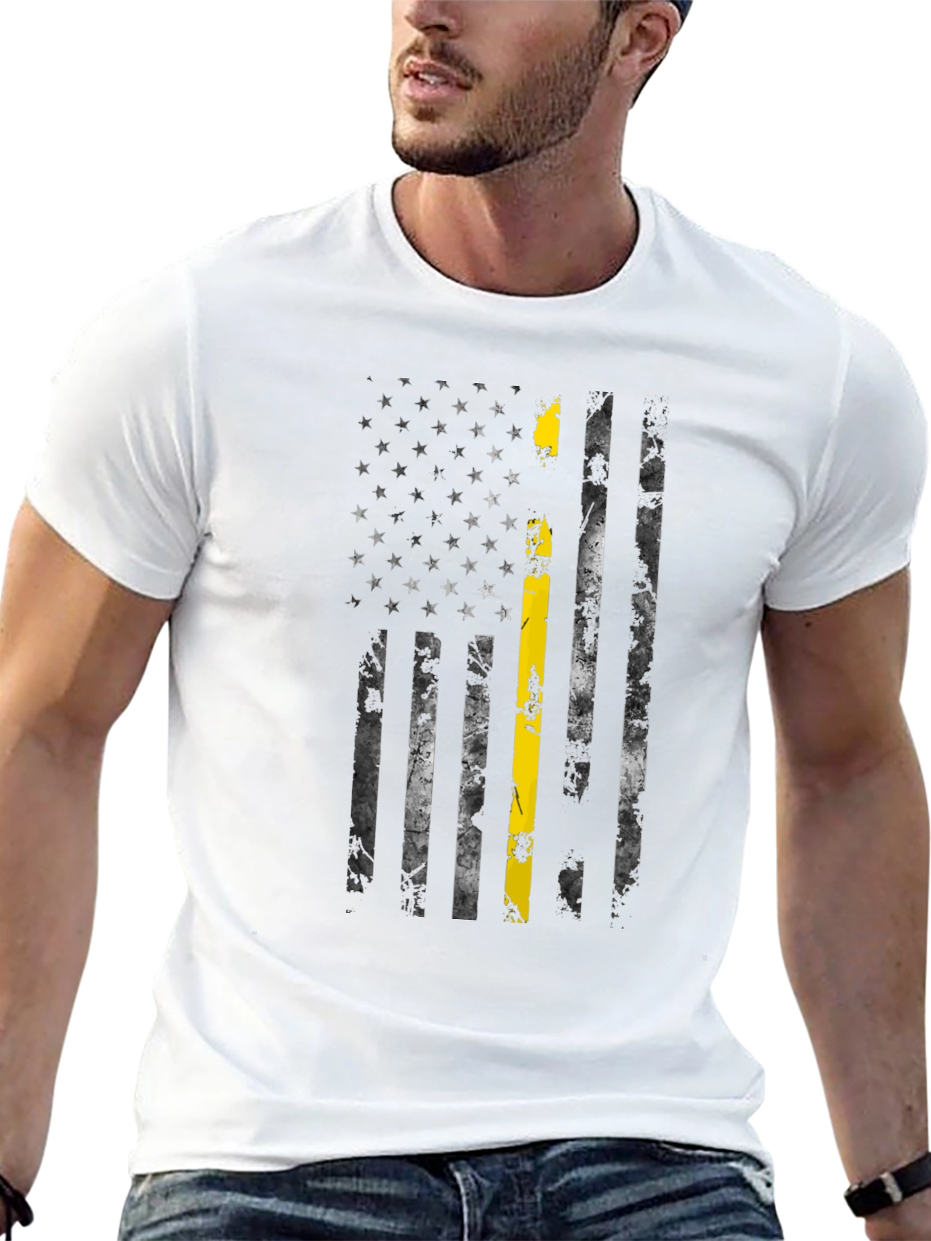 Black Distressed American Flag Thin Yellow Line T-Shirt view 13