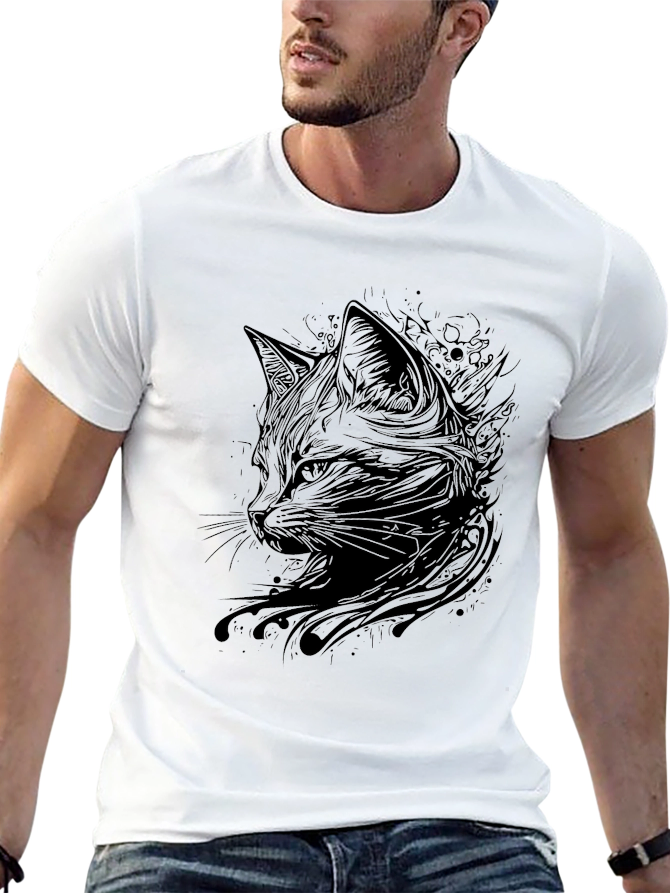 Black Men's Black Cat Graphic T-Shirt view 13