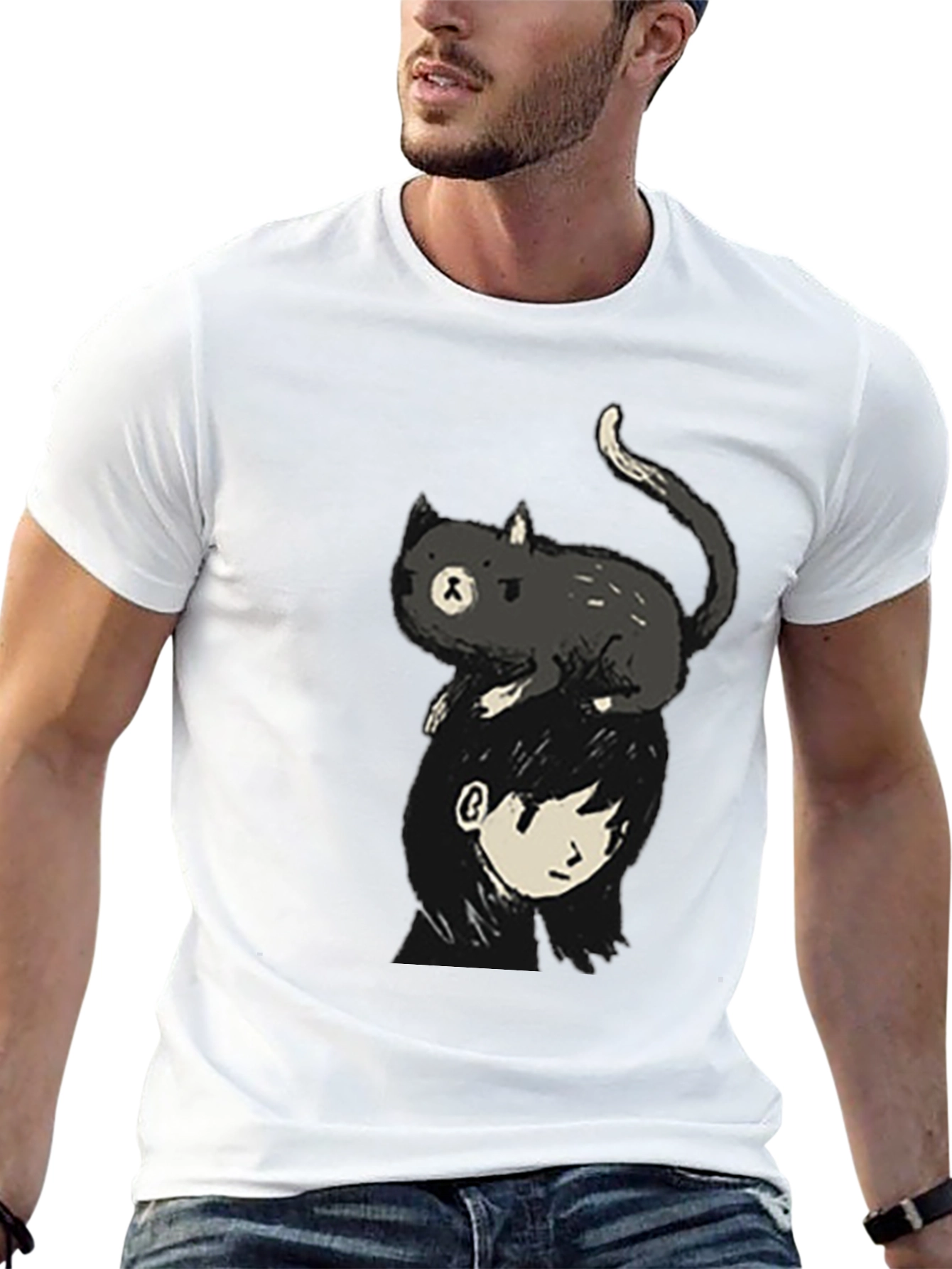 Black Cat on Head Graphic Tee - Black Crew Neck view 13