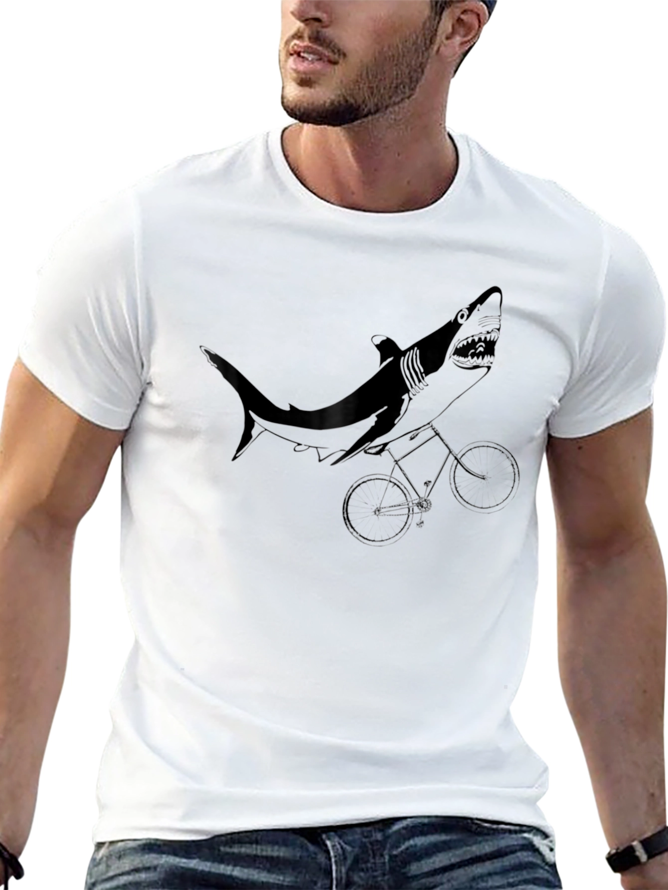 Black Shark on Bike Graphic Tee - Black Cotton T-Shirt view 13