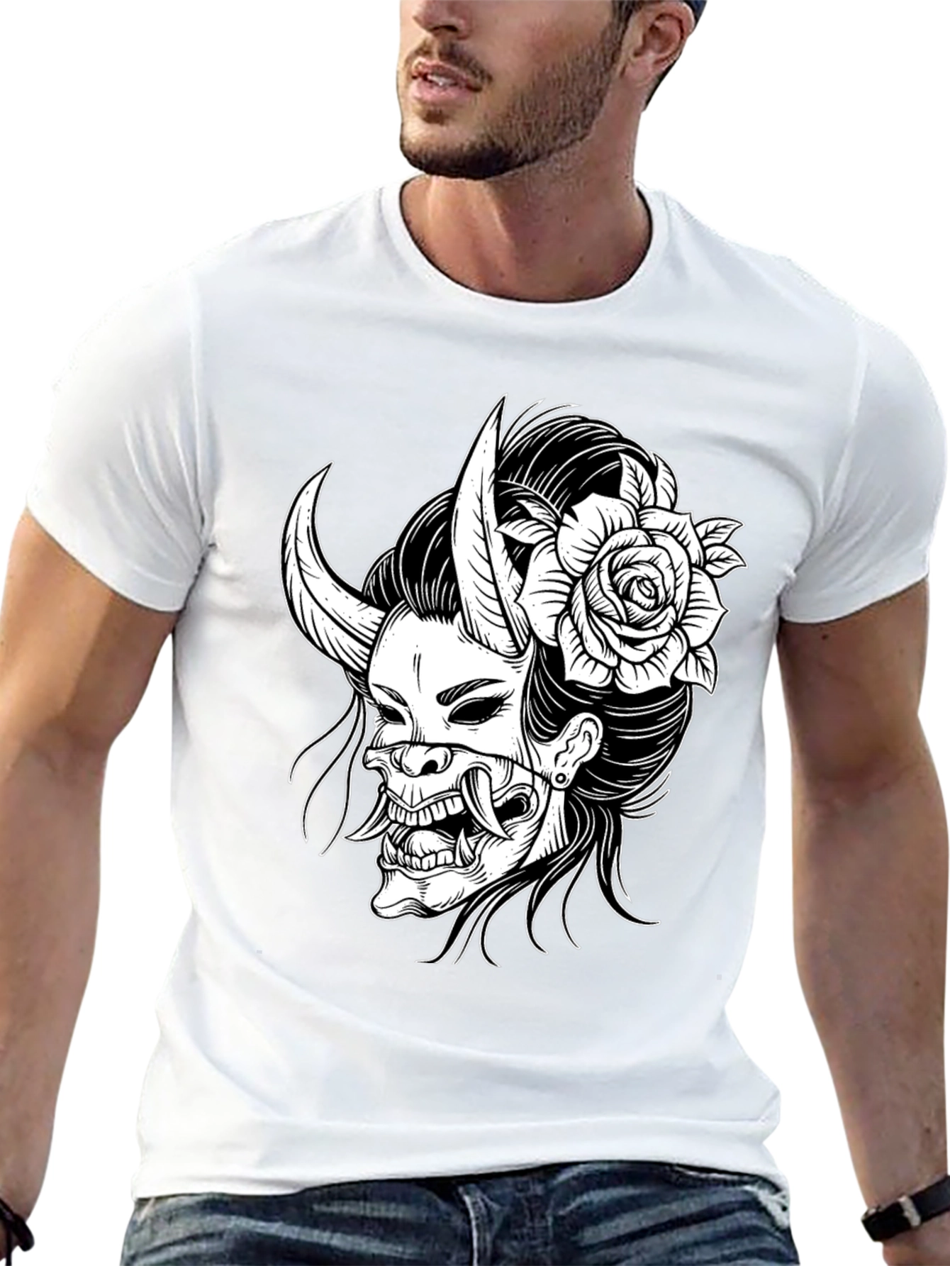 Black Black T-Shirt with Oni Mask & Rose Graphic view 13