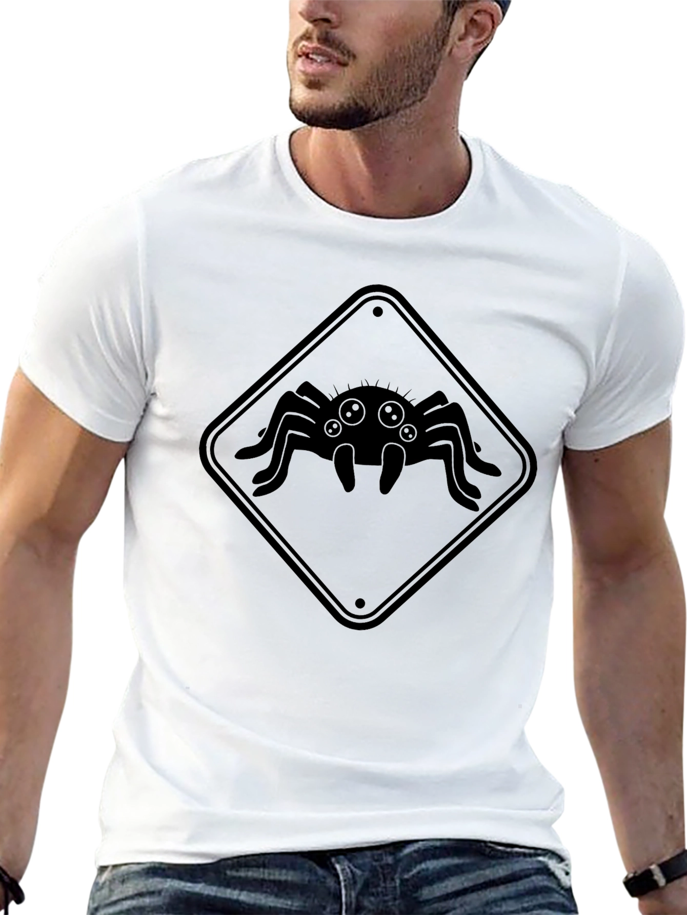 Black Spider Warning Sign T-Shirt - Creepy Graphic Tee view 13