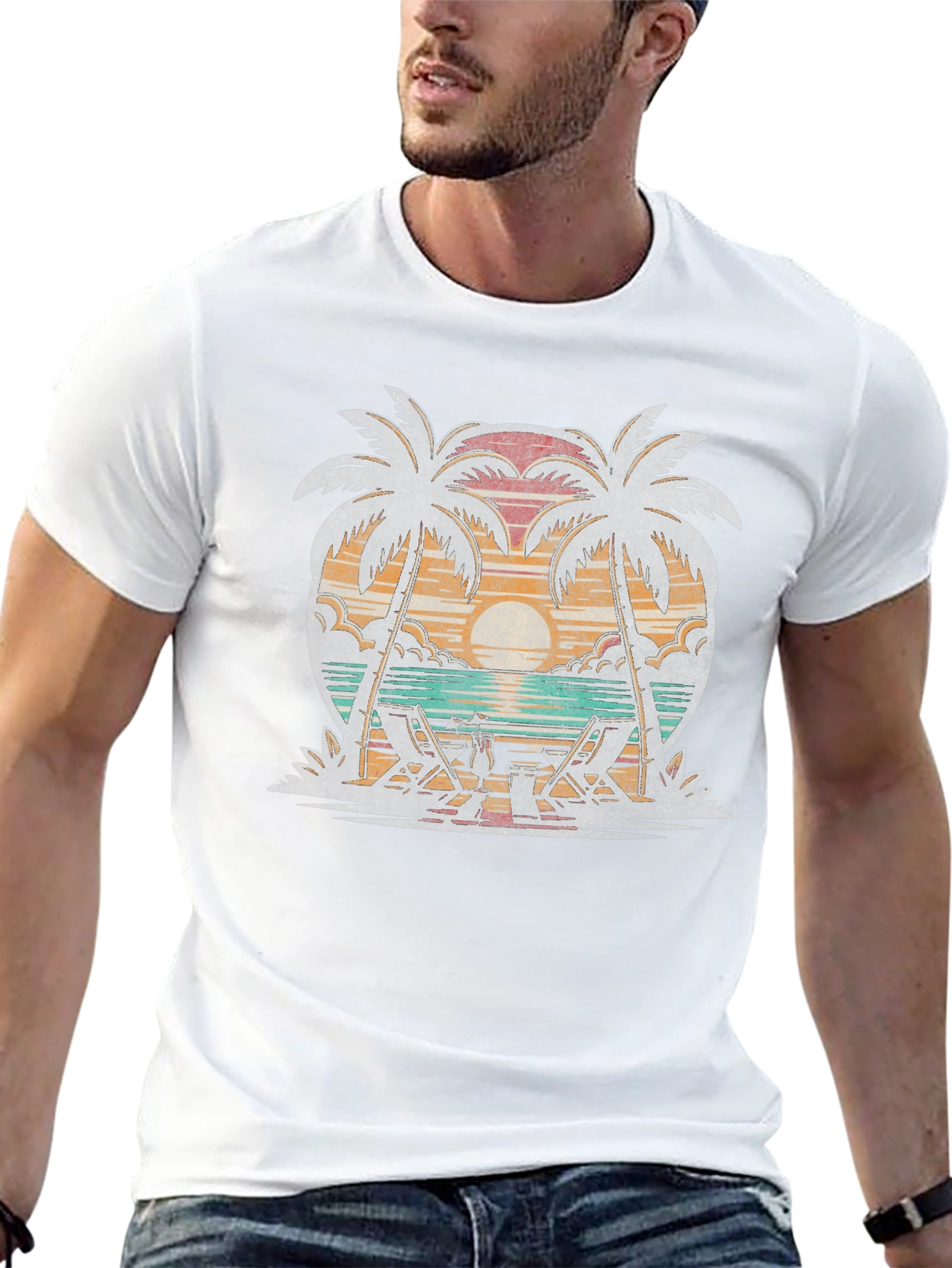 Black Retro Beach Palm Tree Sunset Graphic T-Shirt view 13