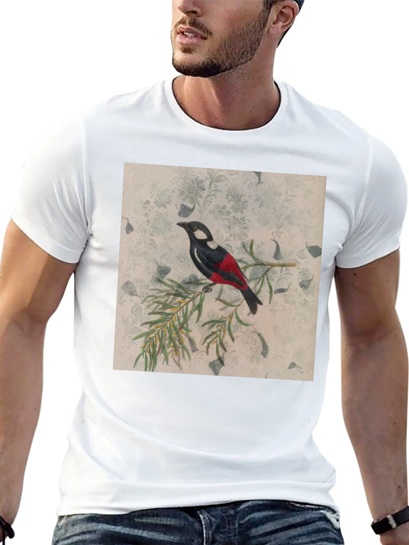 Black Vintage Bird Print Black T-Shirt view 13