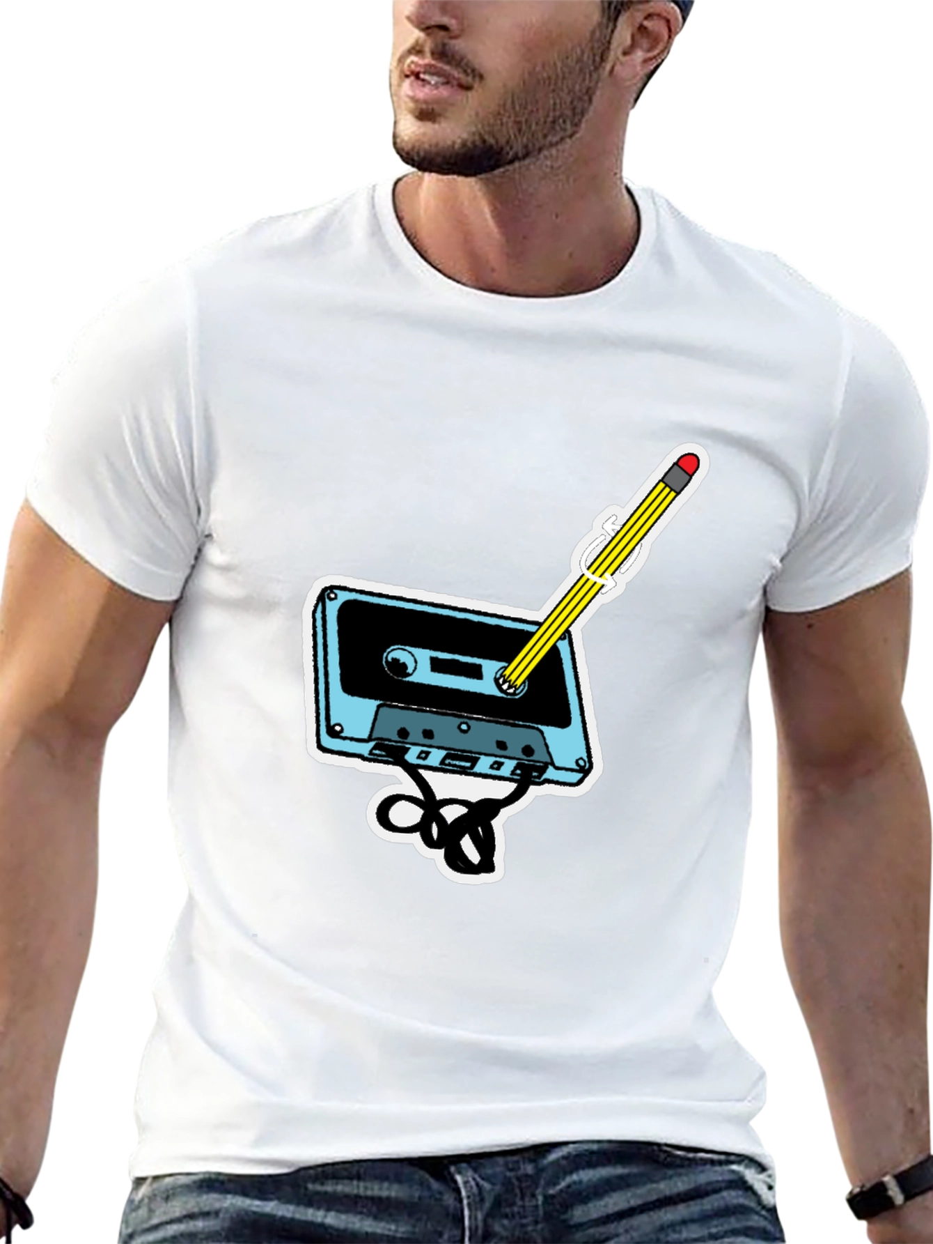 Black Retro Cassette & Pencil Graphic T-Shirt view 13