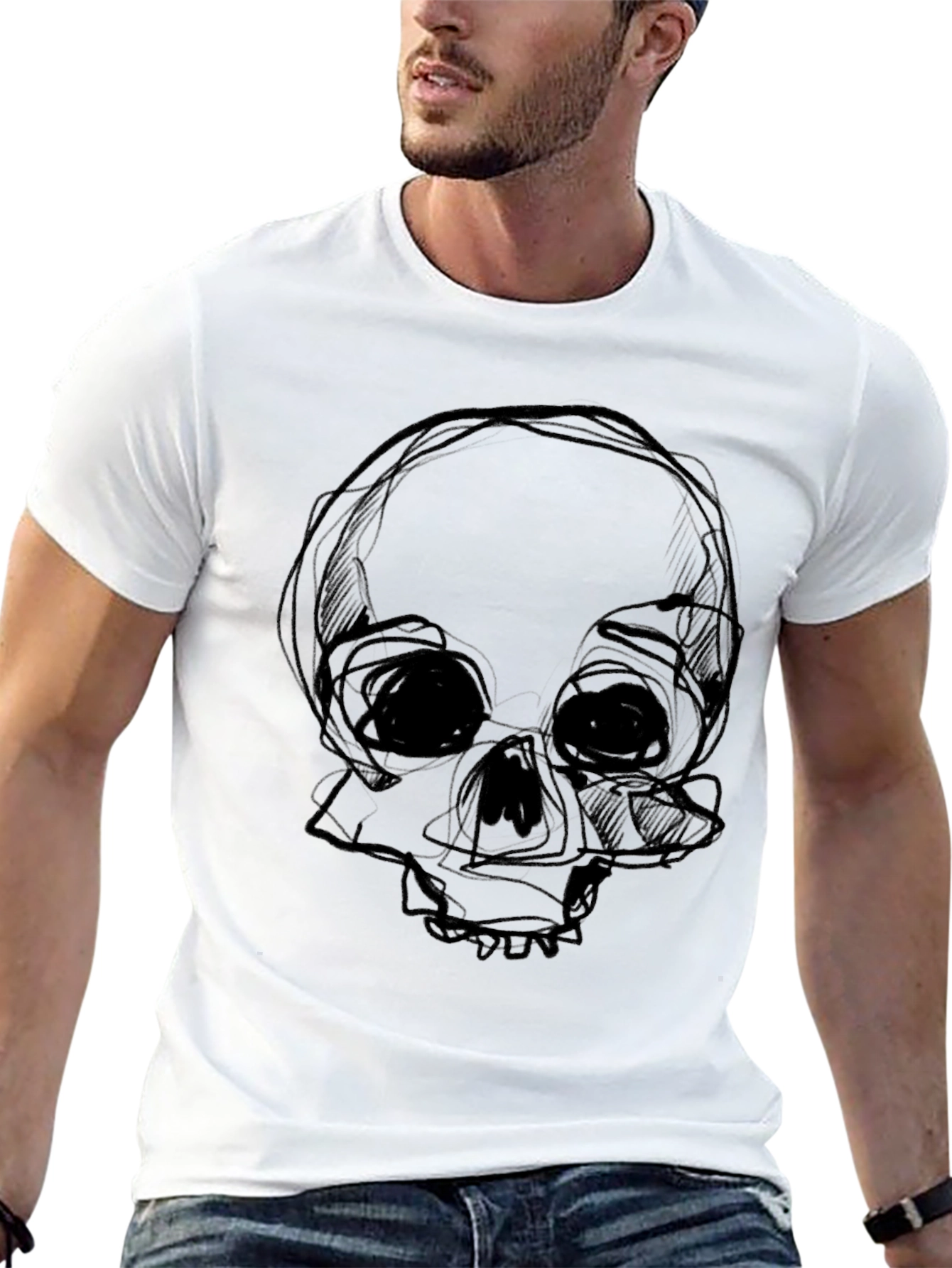 Black Skull Sketch Graphic Black T-Shirt view 13
