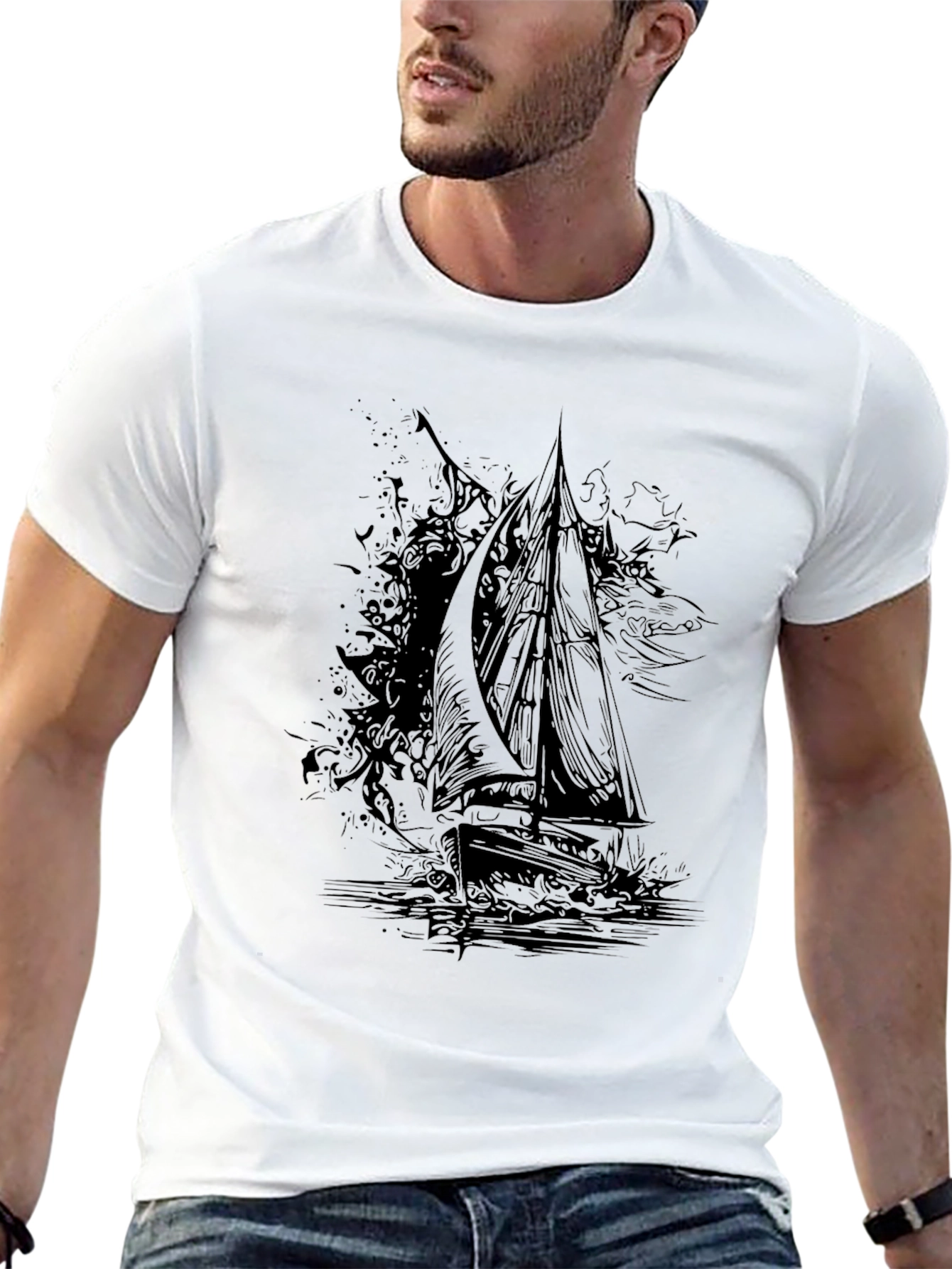 Black Black Graphic Tee: Sailing Ship Design view 13