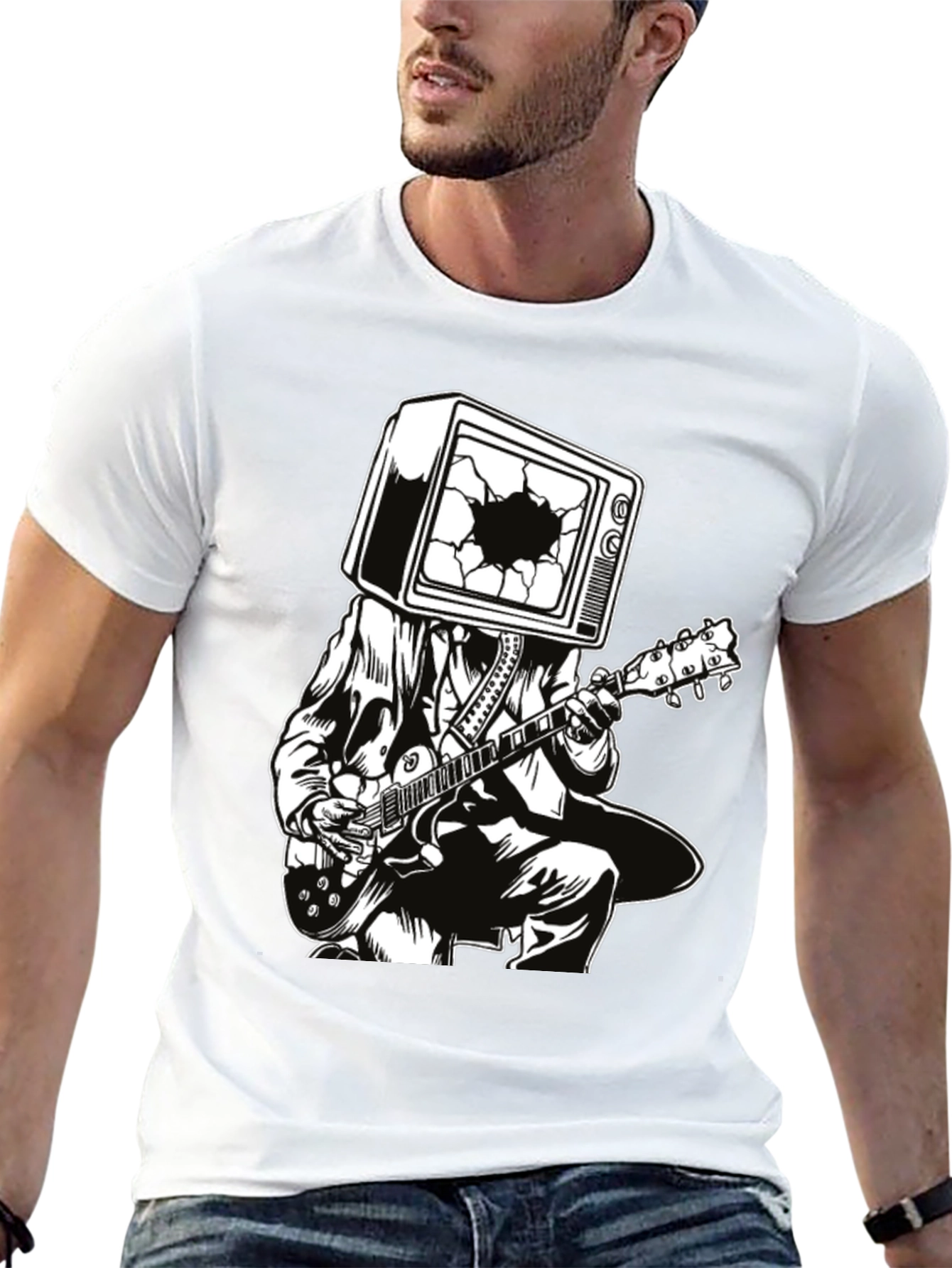 Black Guitar Man with TV Head Graphic T-Shirt view 13