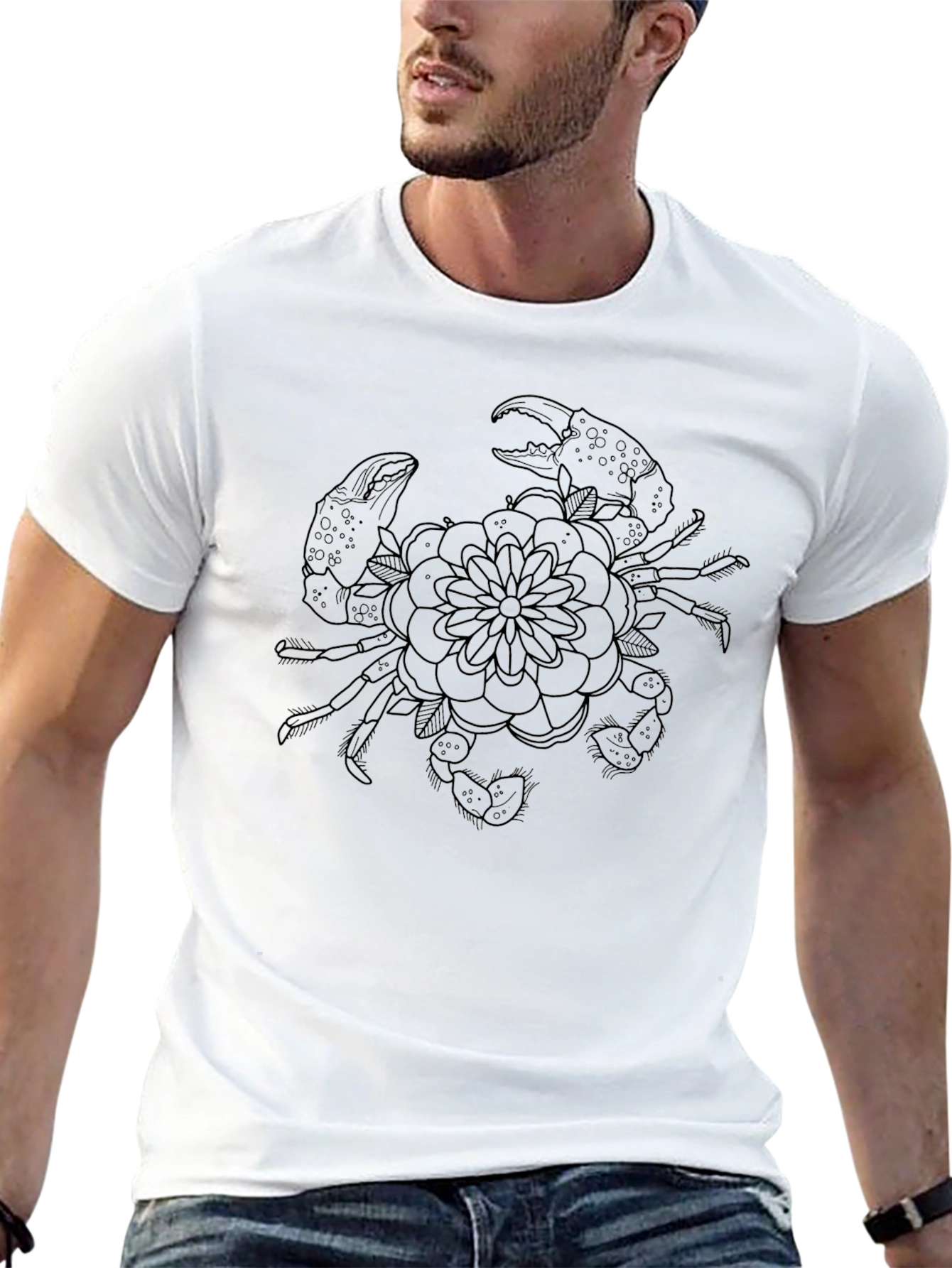 Black Crab & Flower Graphic Tee - Mens Casual Black T-Shirt view 13