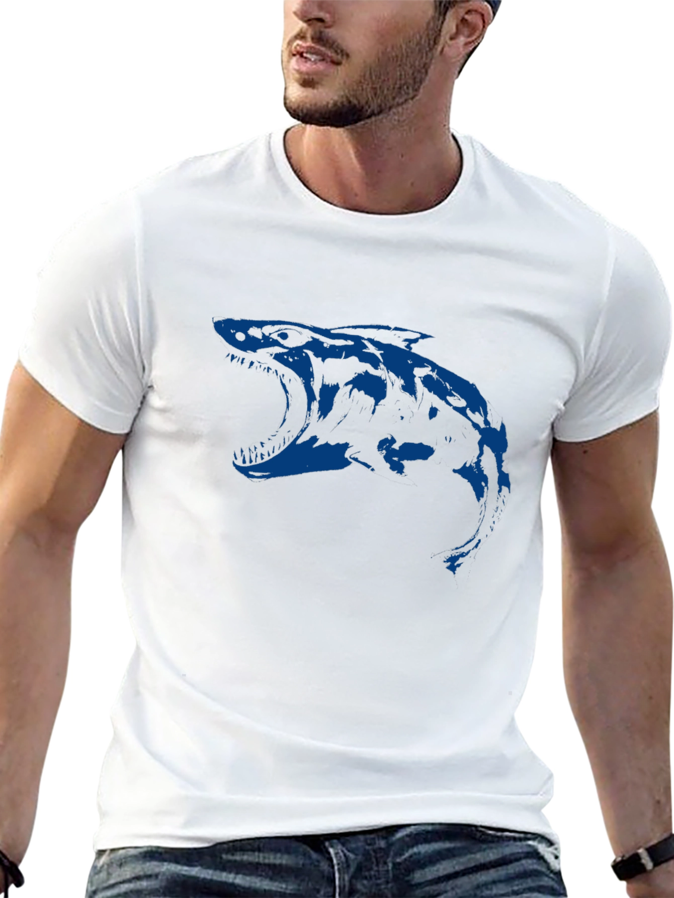 Black Men's Black T-Shirt with Blue Shark Graphic view 13