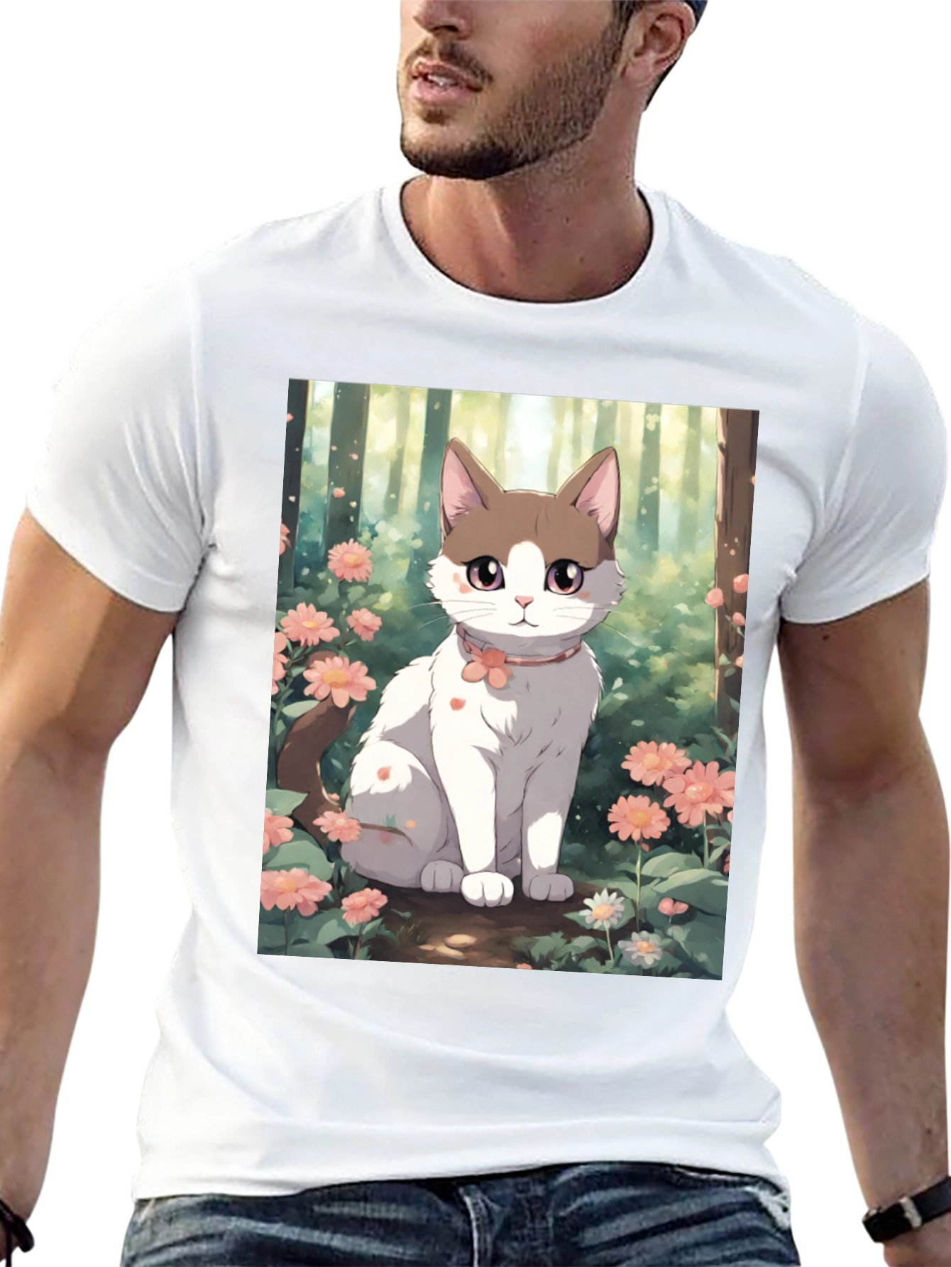 Black Anime Cat Floral T-Shirt view 13