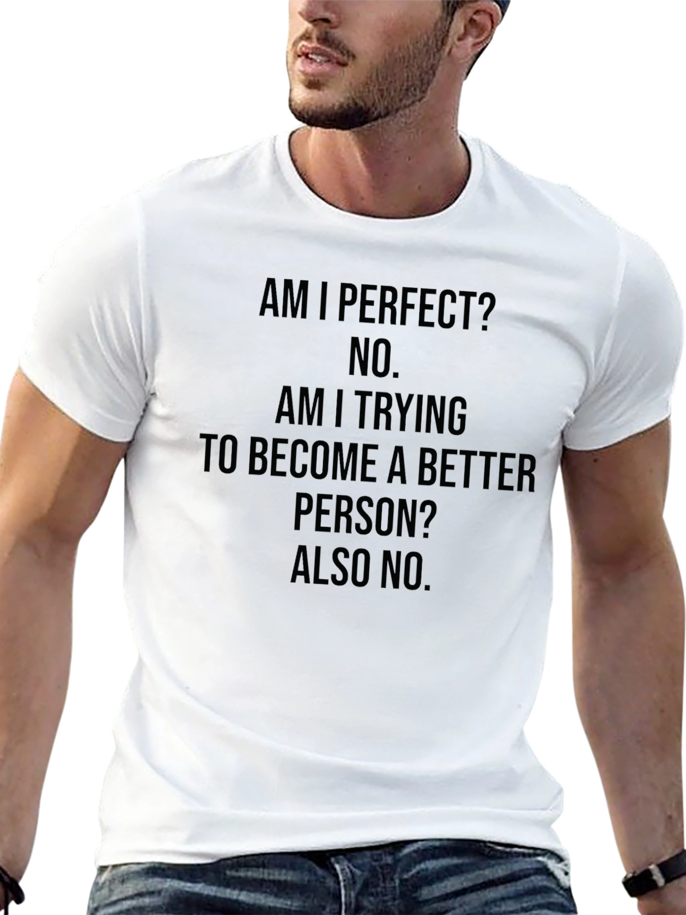 Black Funny Graphic Tee: Am I Perfect? No. Black T-Shirt view 13