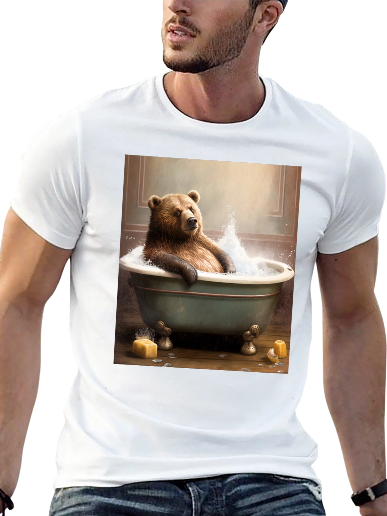 Black Bear in Tub T-Shirt - Humorous Animal Graphic Tee view 13