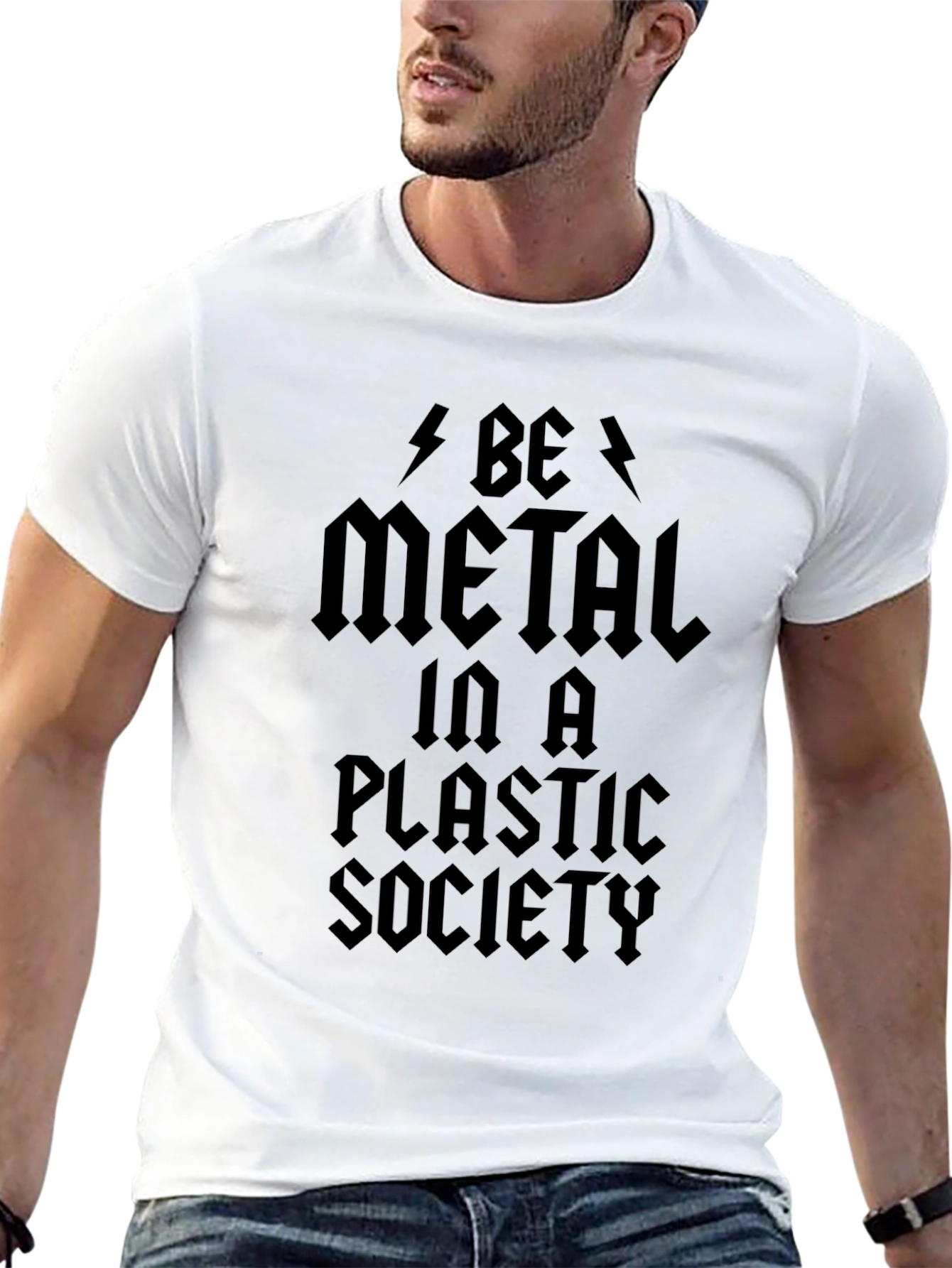 Black Be Metal in a Plastic Society Black Graphic T-Shirt view 13
