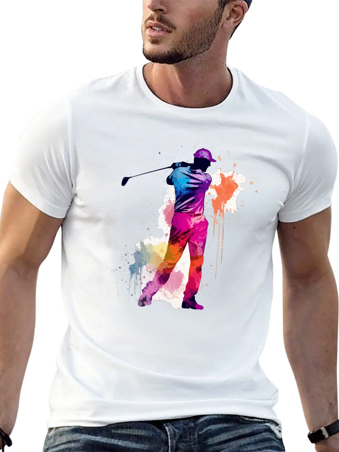 Black Golfing Watercolor Tee - Black Cotton T-Shirt view 13