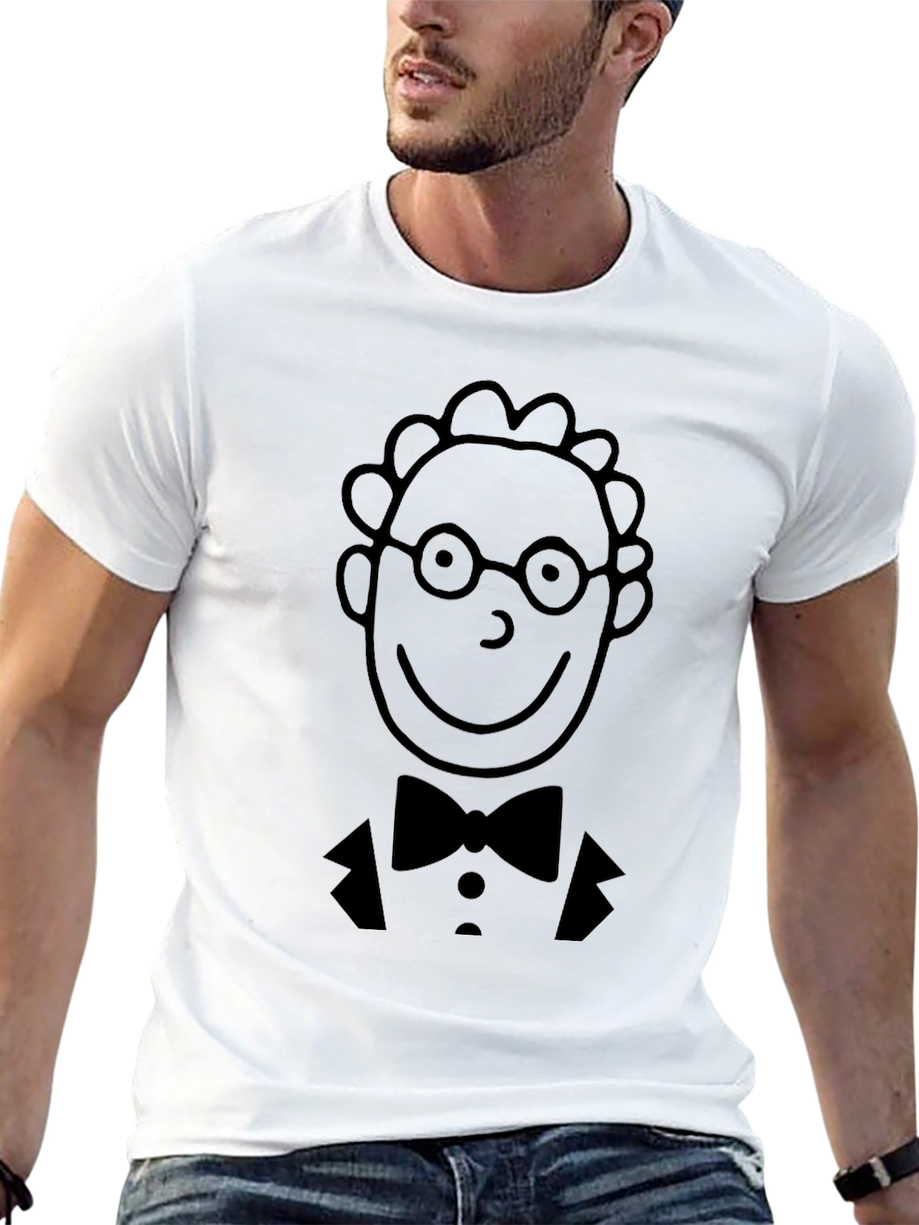 Black Funny Cartoon Face Bowtie Graphic Black T-Shirt view 13