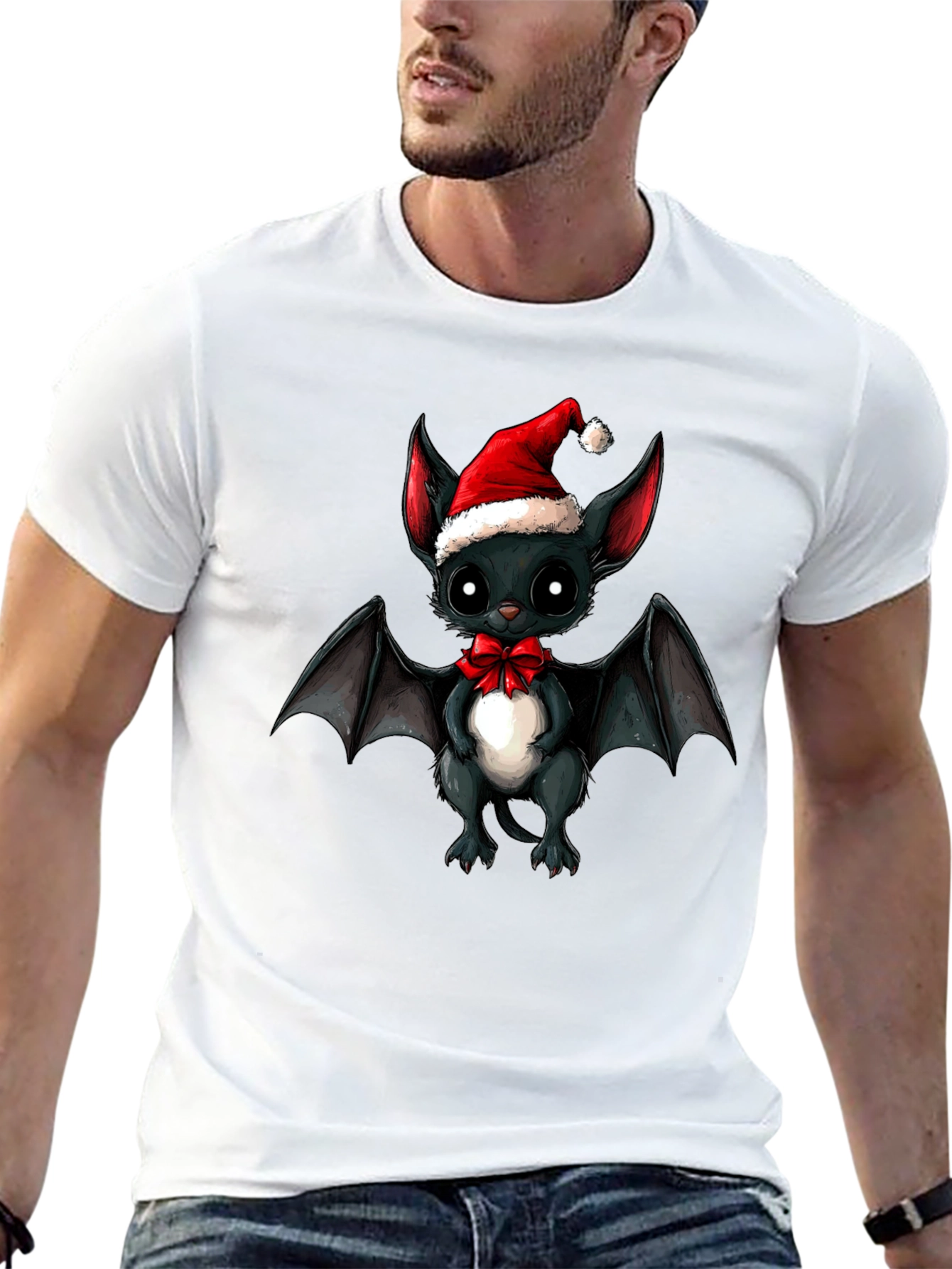 Black Cute Bat in Santa Hat Graphic Tee view 13