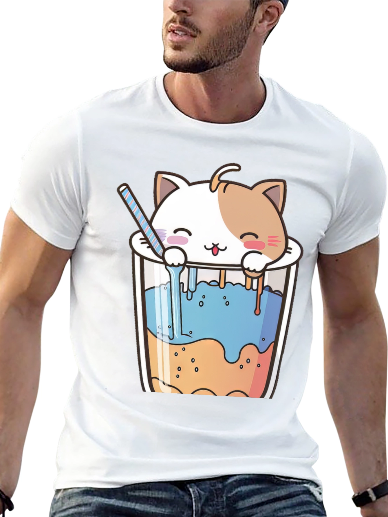 Black Cute Cat Bubble Tea Black T-Shirt view 13