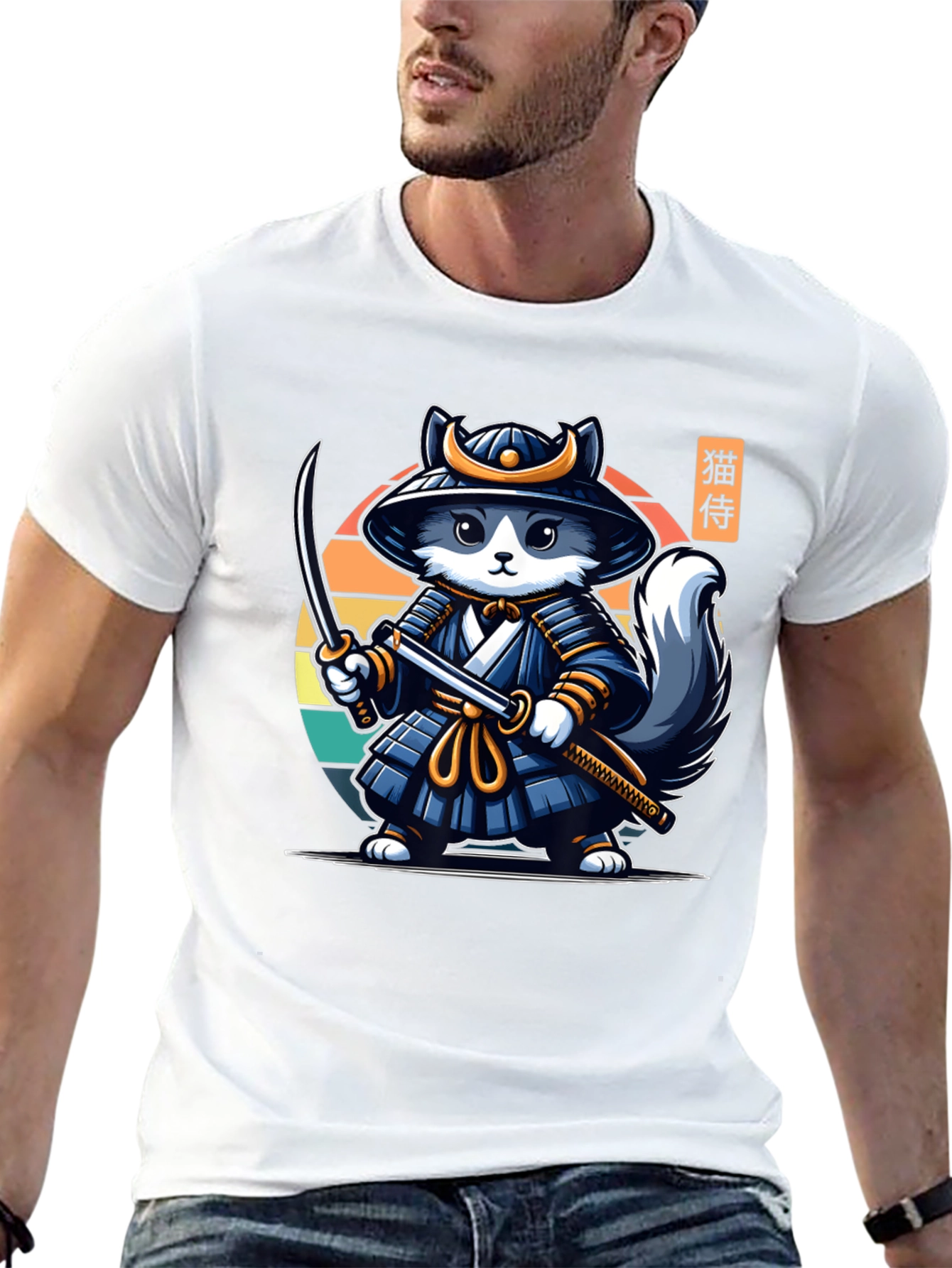 Black Samurai Cat T-Shirt - Black Crew Neck view 13